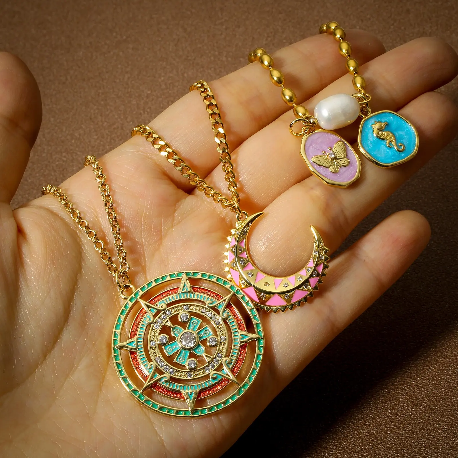 1 Piece Brass Concise Brass Moon Lighting Charms For Jewelry Making 18K Real Gold Plated Irregular Pentagram Star Enamel Pendant