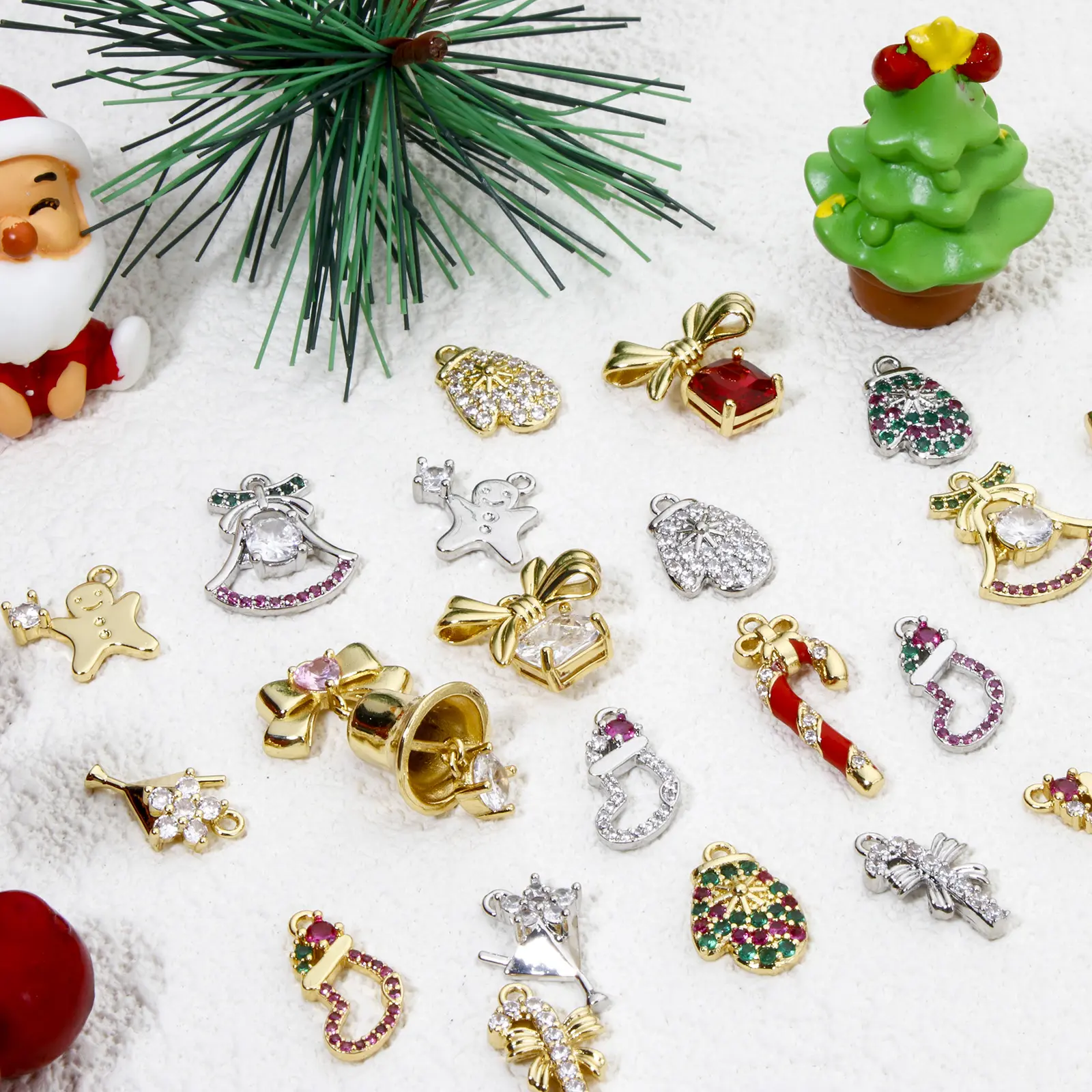 1 Piece Brass Christmas Charms Micro Pave Bell Gloves Sock Gingerbread Man Pendants For DIY Jewelry Making New Year Findings