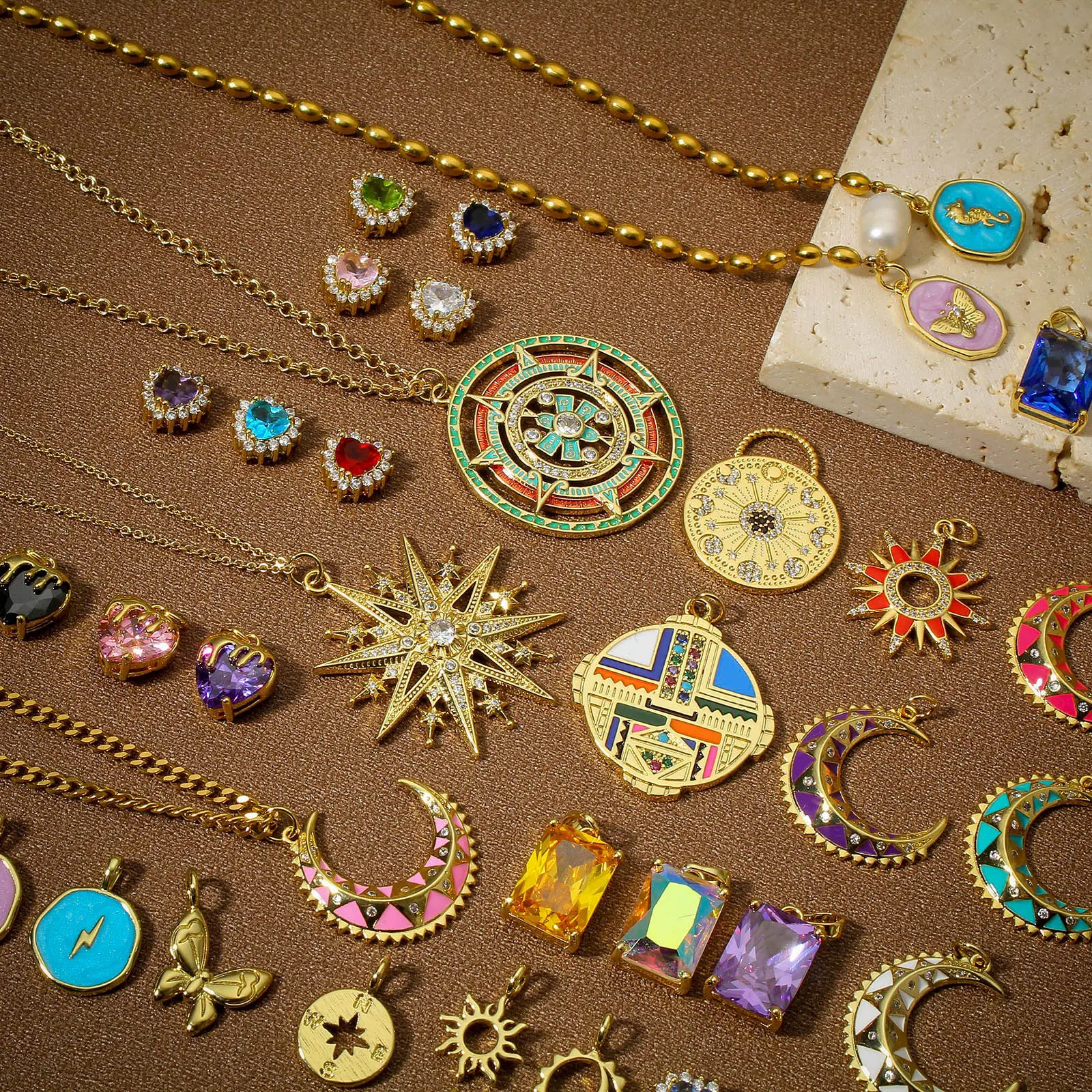 1 Piece Brass Concise Brass Moon Lighting Charms For Jewelry Making 18K Real Gold Plated Irregular Pentagram Star Enamel Pendant