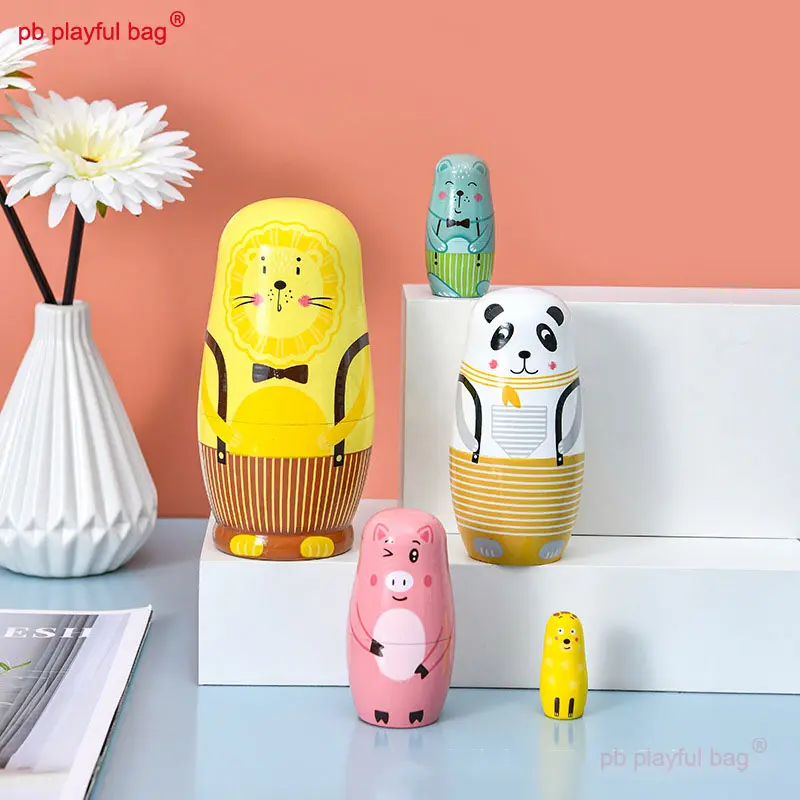 Five Layer Yellow Lion Cartoon AAnimal Russian Dolls Wooden Hand-Painted Craft Gift Kids Creative Toys Russian Nesting Doll HG86