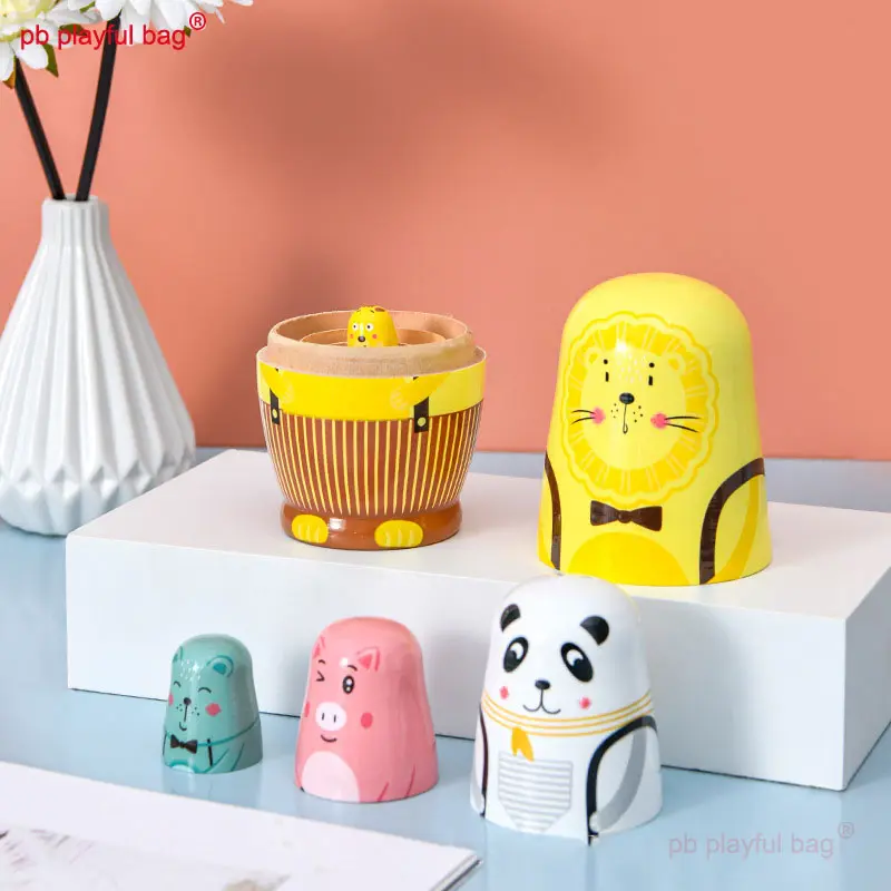 Five Layer Yellow Lion Cartoon AAnimal Russian Dolls Wooden Hand-Painted Craft Gift Kids Creative Toys Russian Nesting Doll HG86