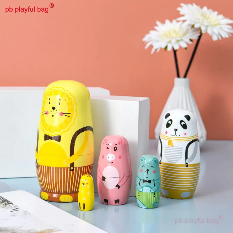 Five Layer Yellow Lion Cartoon AAnimal Russian Dolls Wooden Hand-Painted Craft Gift Kids Creative Toys Russian Nesting Doll HG86