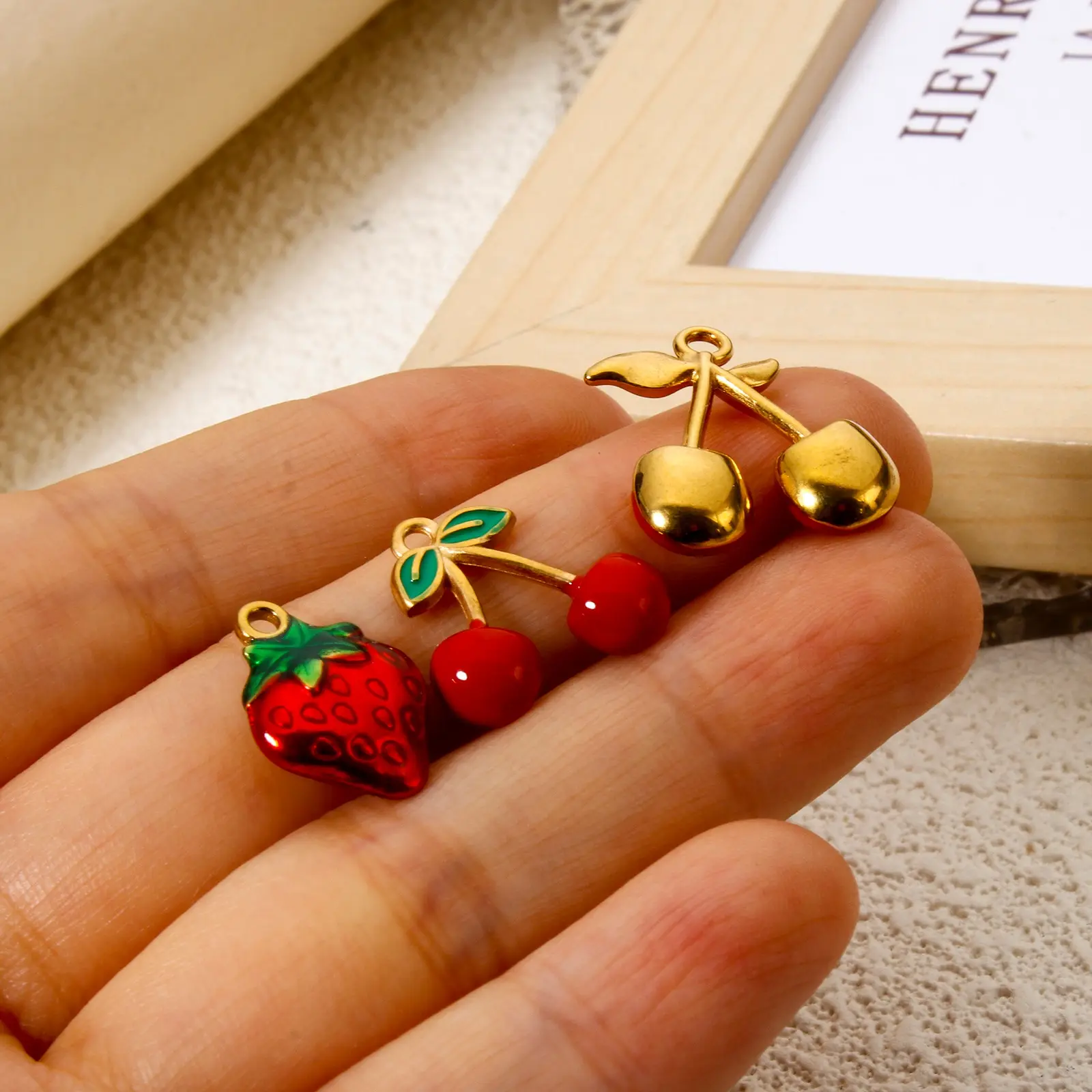 1 Piece 304 Stainless Steel Fruit Charms 18K Gold Plated Red Enamel Strawberry Cherry Pendant For Necklace Bracelet DIY Making