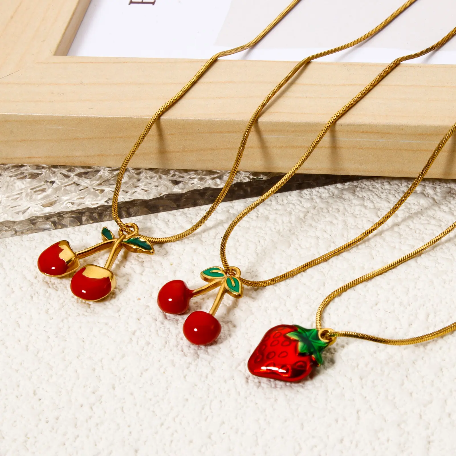 1 Piece 304 Stainless Steel Fruit Charms 18K Gold Plated Red Enamel Strawberry Cherry Pendant For Necklace Bracelet DIY Making