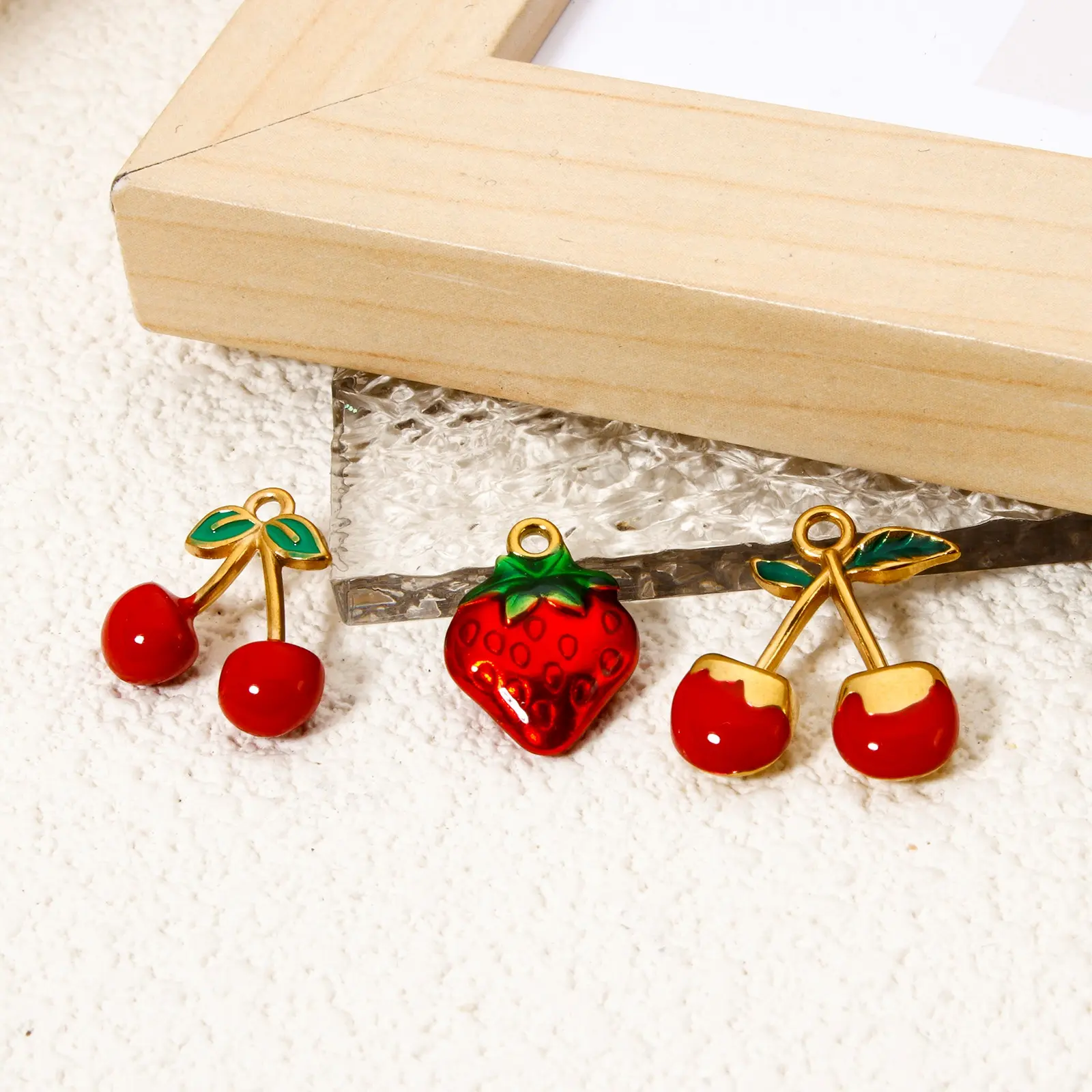 1 Piece 304 Stainless Steel Fruit Charms 18K Gold Plated Red Enamel Strawberry Cherry Pendant For Necklace Bracelet DIY Making
