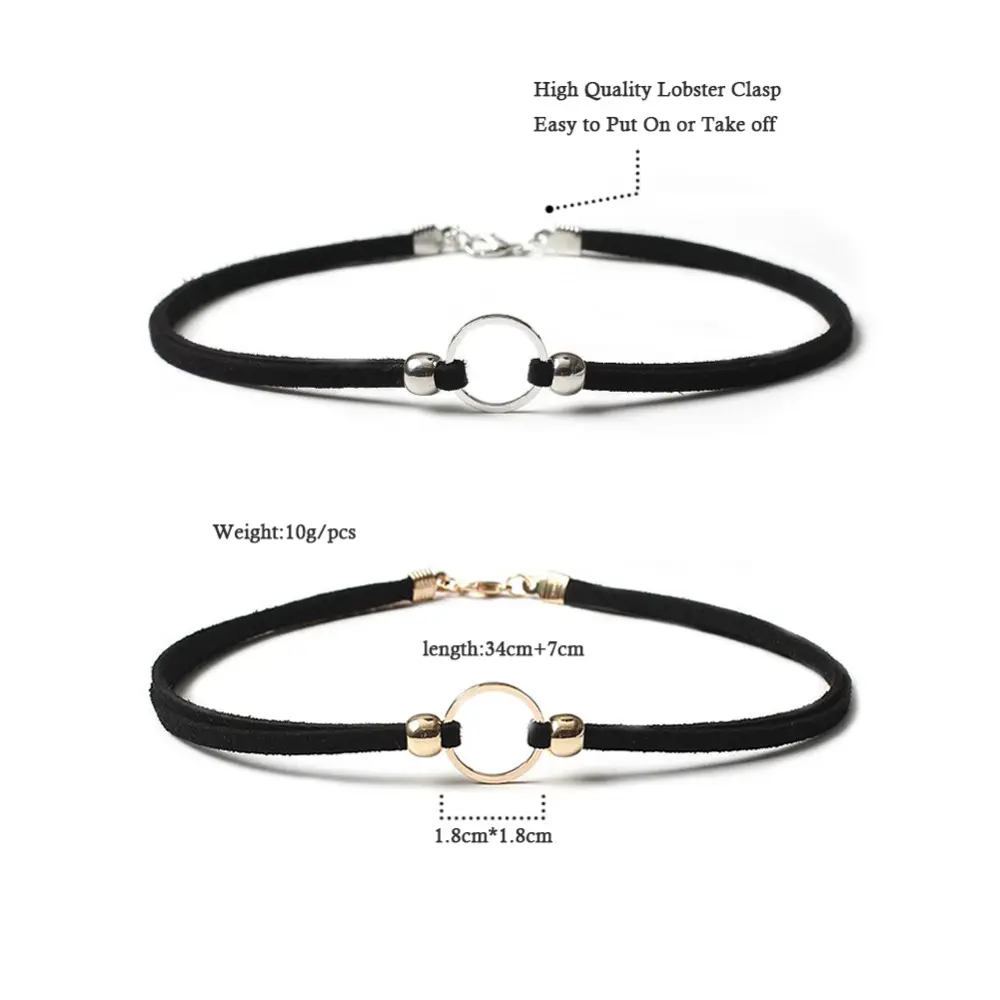 1 Piece Cool Simple Black Color Velvet Choker Necklace Set Satin Gold Color Metal Round Adjustable Size Women Fashion Jewelry