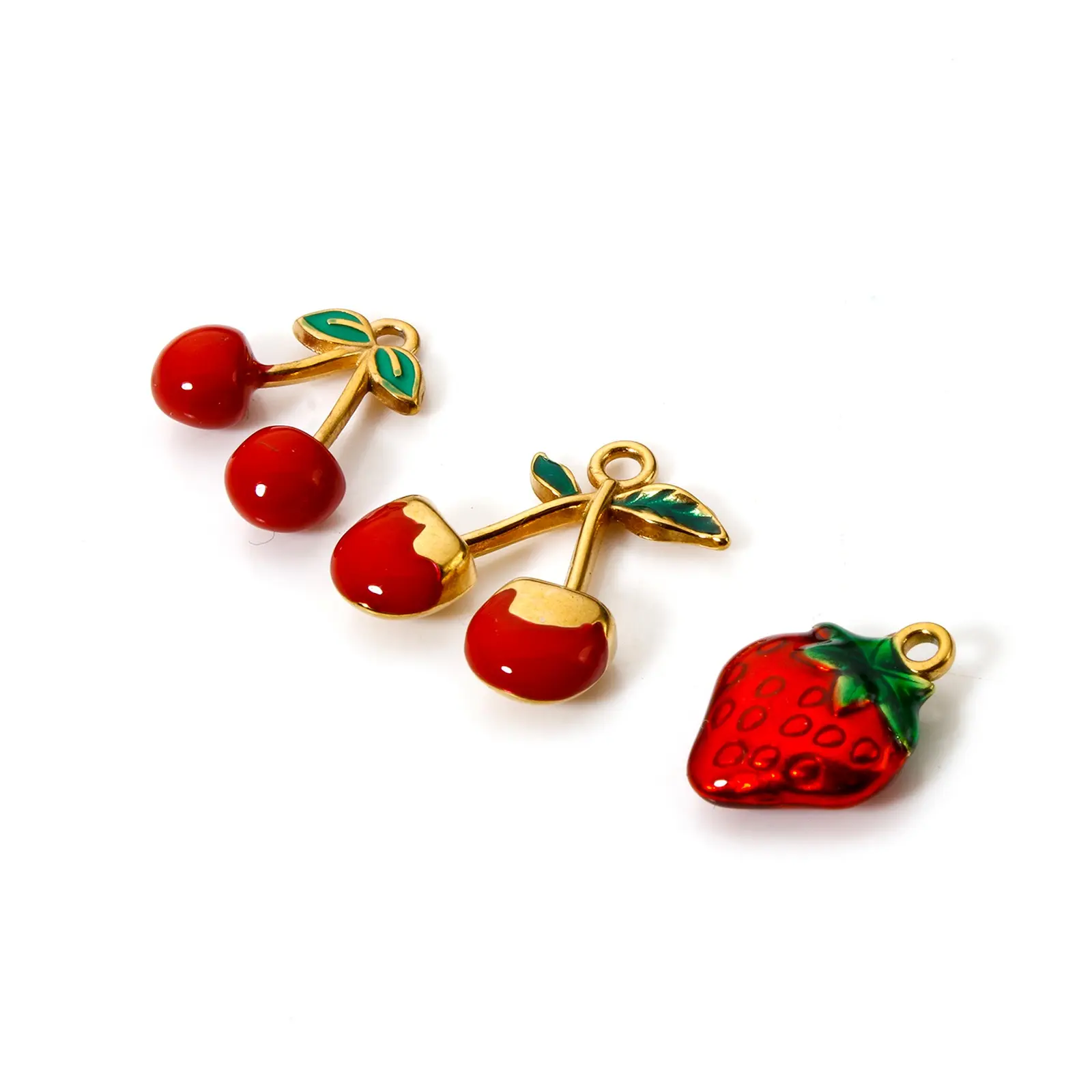 1 Piece 304 Stainless Steel Fruit Charms 18K Gold Plated Red Enamel Strawberry Cherry Pendant For Necklace Bracelet DIY Making