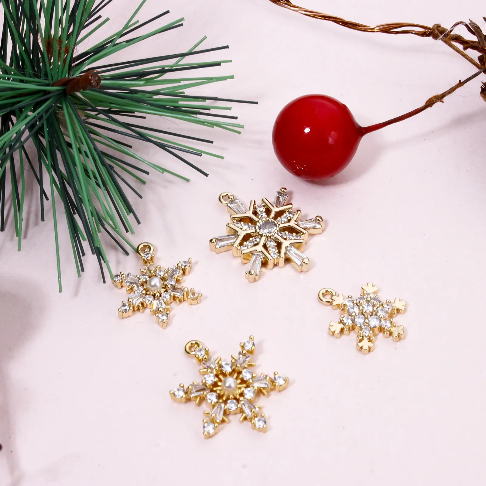 1 Piece Brass Christmas Charms 18K Gold Plated Christmas Snowflake Clear Cubic Zirconia Pendants For DIY Jewelry Making Findings
