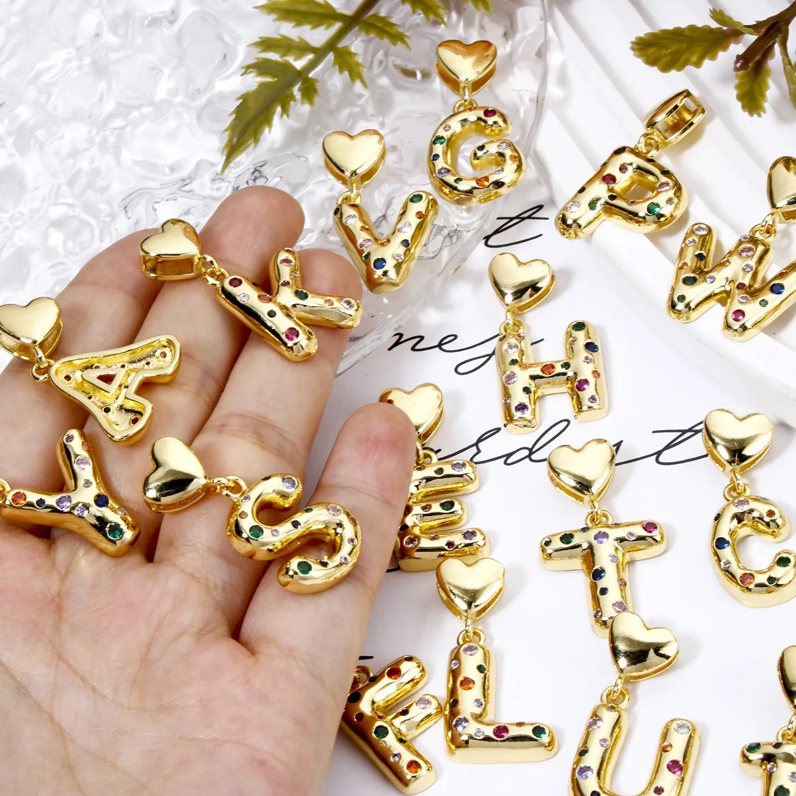 1 Piece Brass Pendants 18K Real Gold Plated Capital Alphabet Initial Letter Heart Cubic Zirconia For DIY Personalized Jewelry