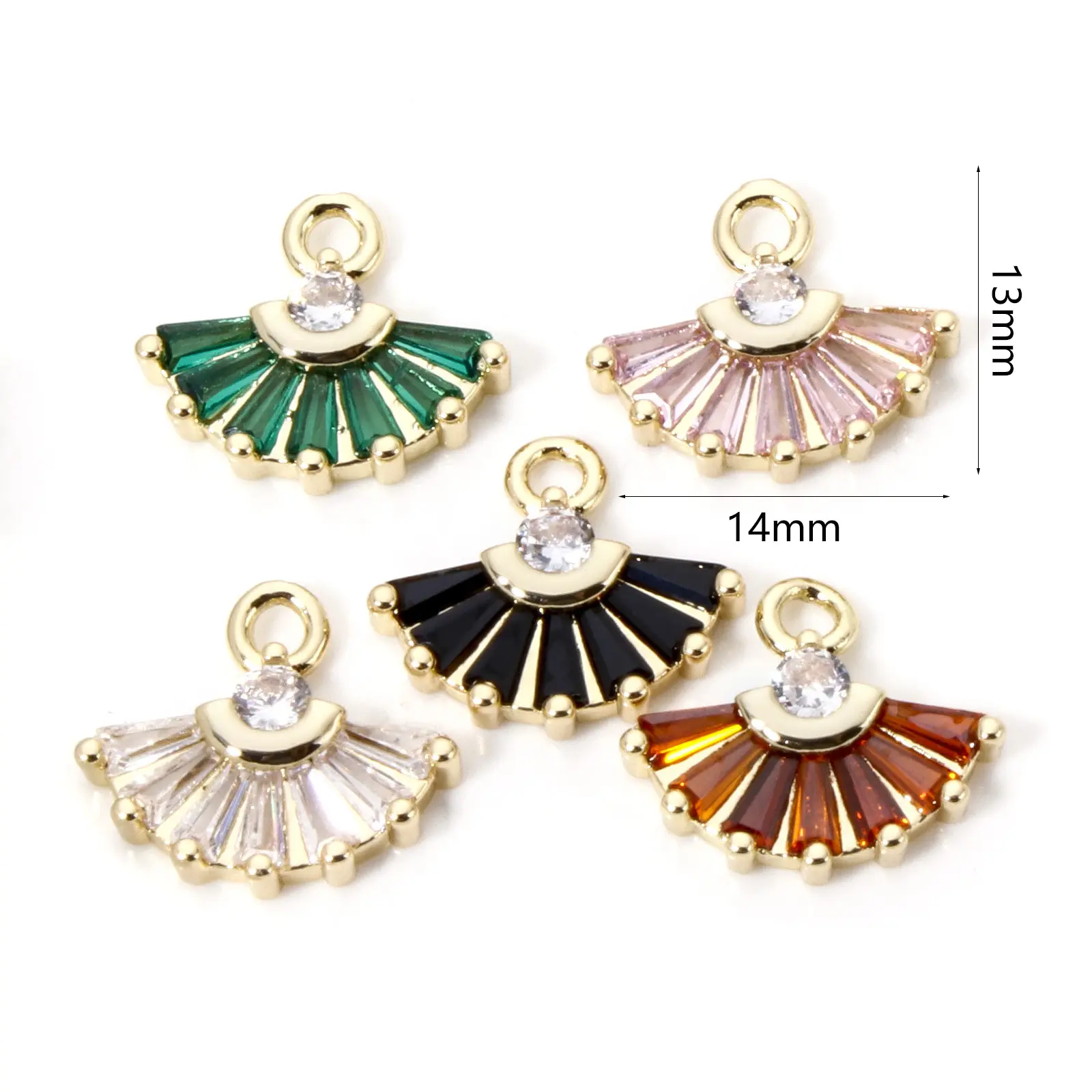 2 Piece Brass Charms 18K Gold Plated Fan-shaped Rhinestone Pendants For DIY Neckalce Earrings Jewelry Making 14mm x 13mm