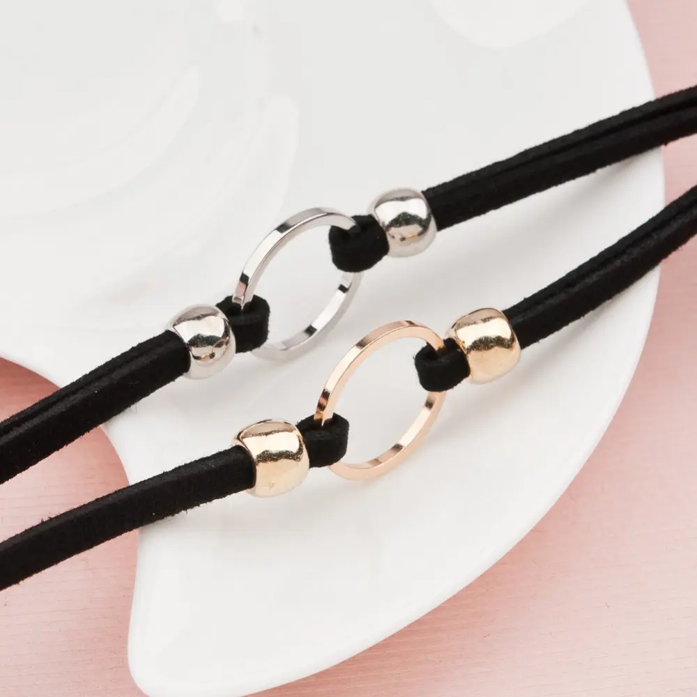 1 Piece Cool Simple Black Color Velvet Choker Necklace Set Satin Gold Color Metal Round Adjustable Size Women Fashion Jewelry