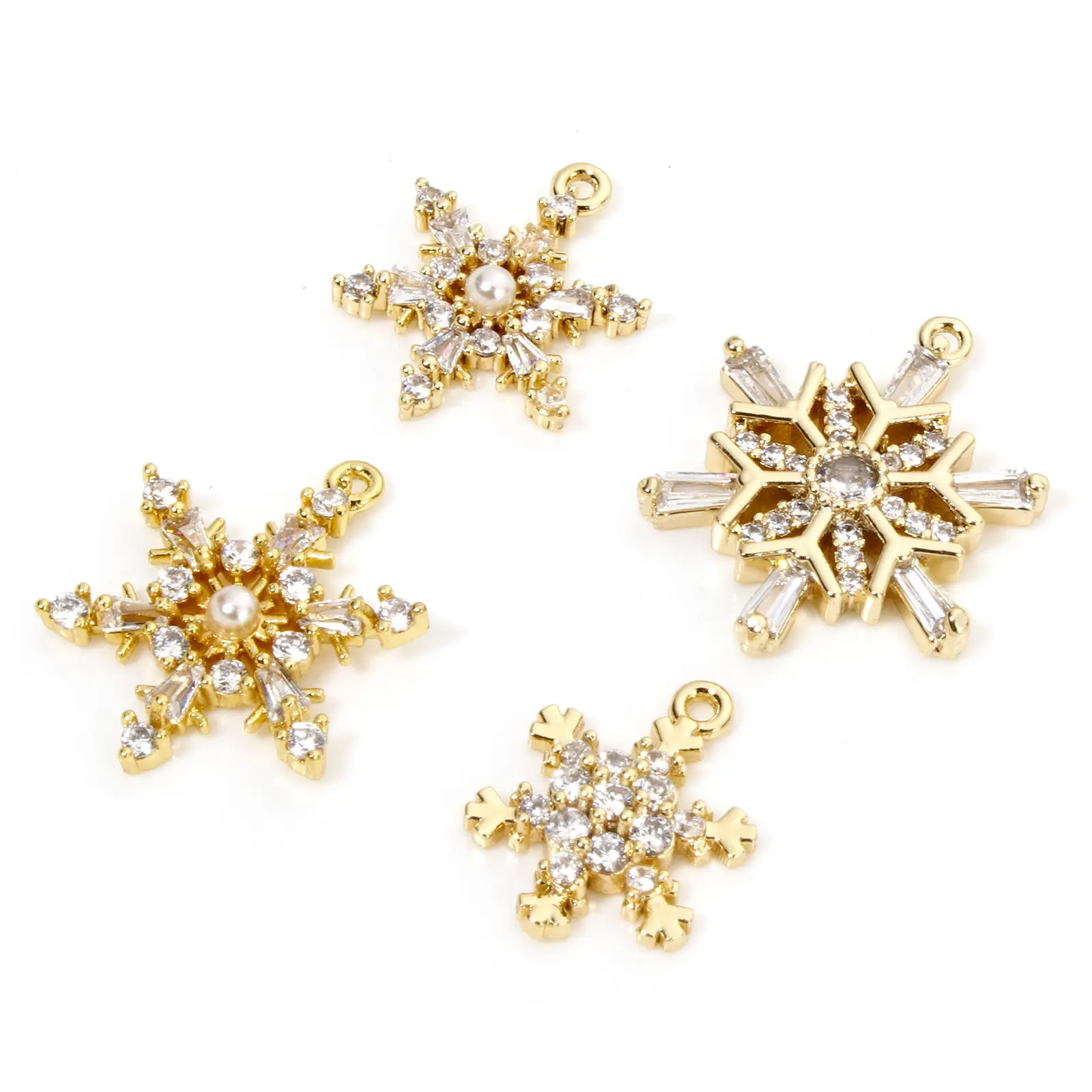 1 Piece Brass Christmas Charms 18K Gold Plated Christmas Snowflake Clear Cubic Zirconia Pendants For DIY Jewelry Making Findings