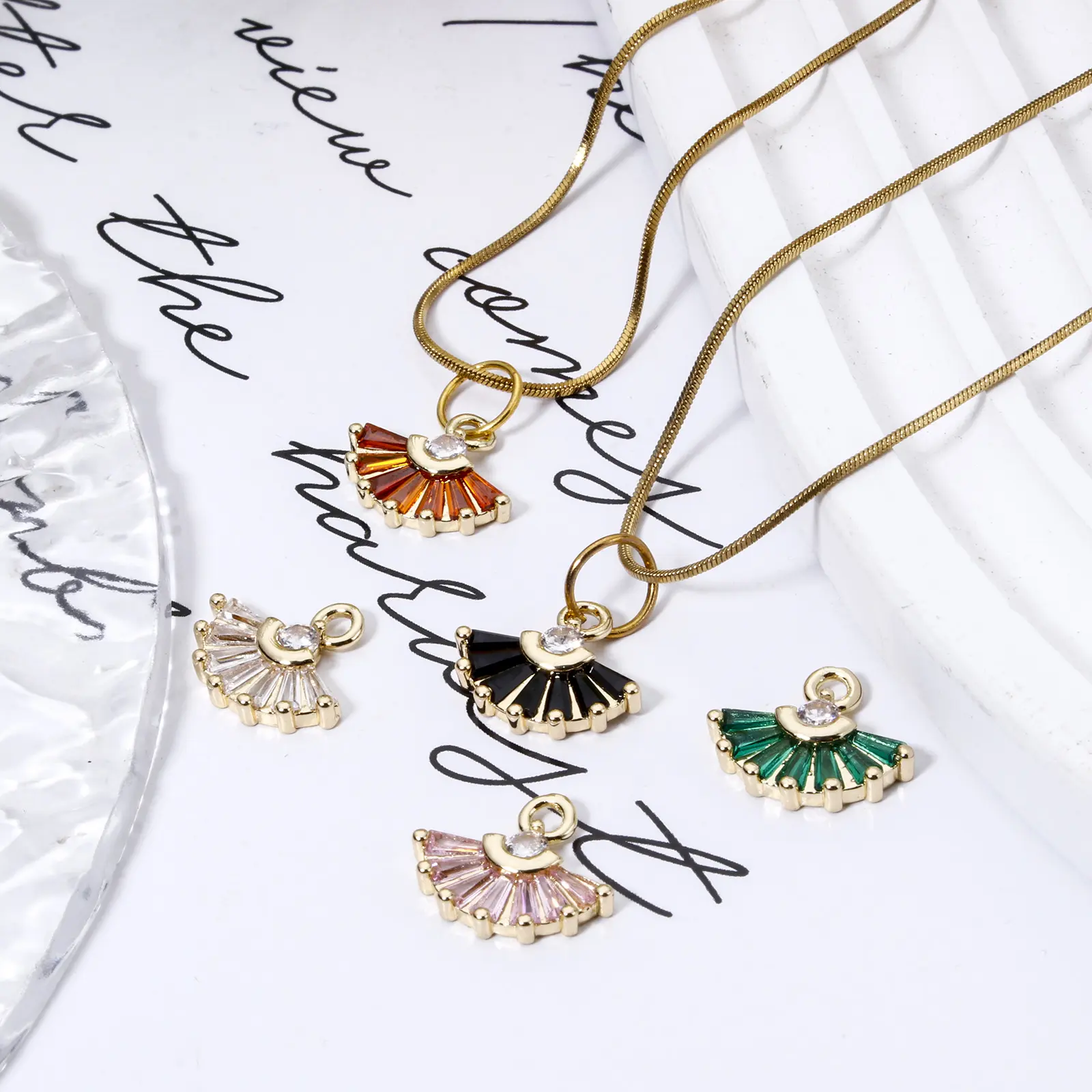2 Piece Brass Charms 18K Gold Plated Fan-shaped Rhinestone Pendants For DIY Neckalce Earrings Jewelry Making 14mm x 13mm