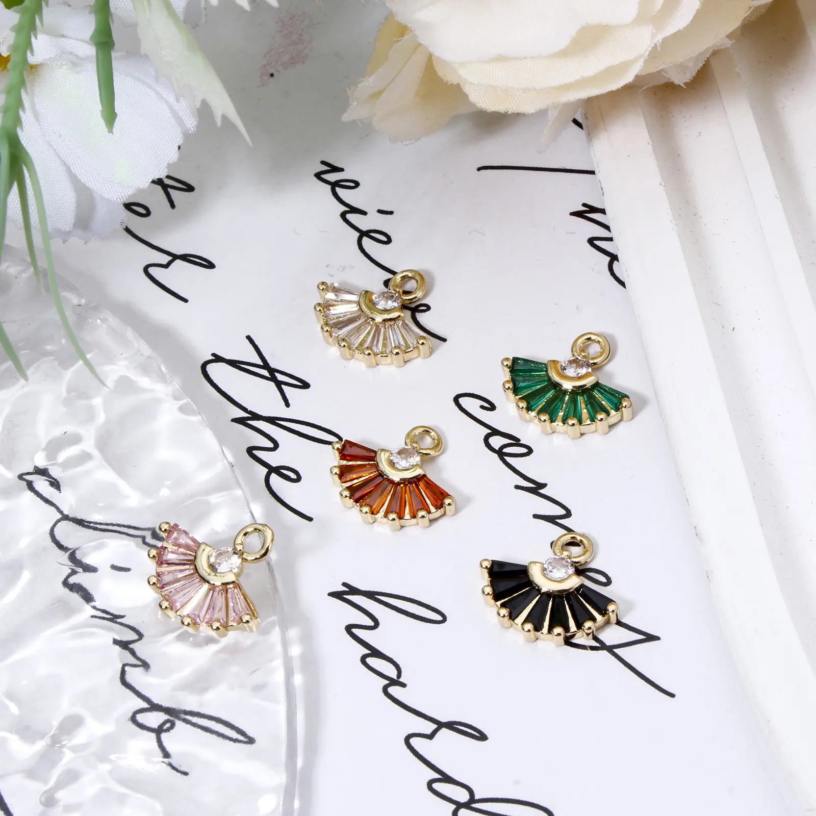 2 Piece Brass Charms 18K Gold Plated Fan-shaped Rhinestone Pendants For DIY Neckalce Earrings Jewelry Making 14mm x 13mm
