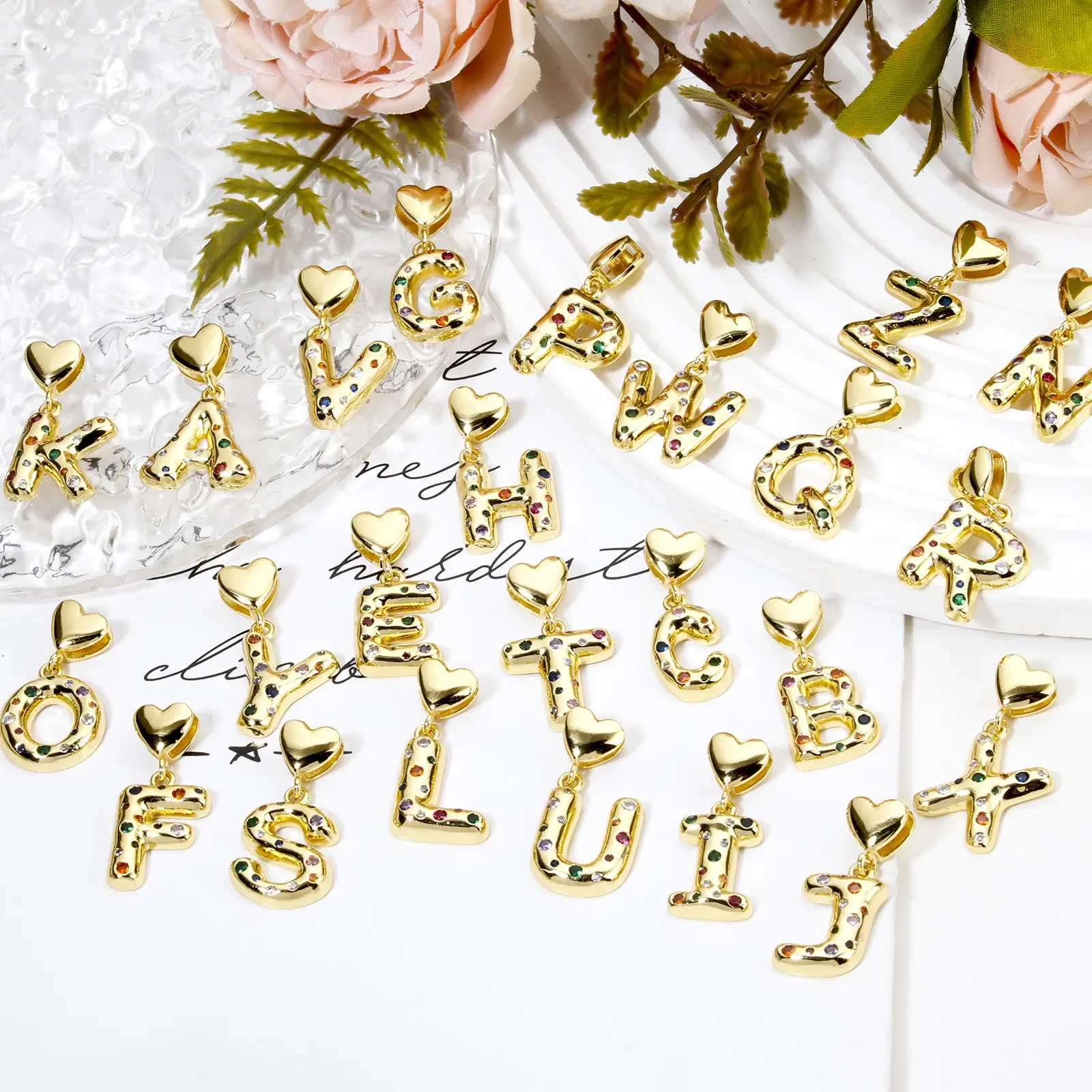 1 Piece Brass Pendants 18K Real Gold Plated Capital Alphabet Initial Letter Heart Cubic Zirconia For DIY Personalized Jewelry
