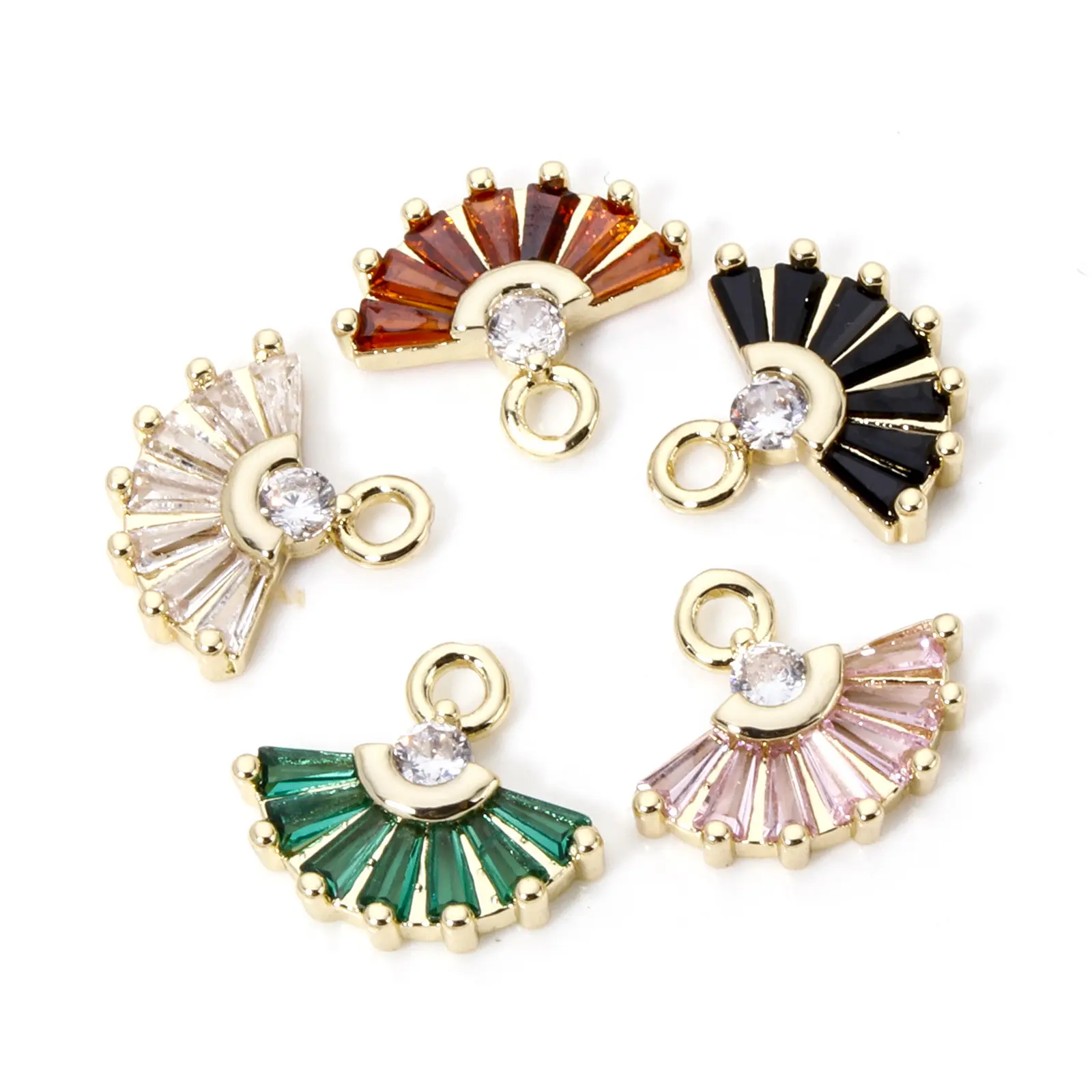 2 Piece Brass Charms 18K Gold Plated Fan-shaped Rhinestone Pendants For DIY Neckalce Earrings Jewelry Making 14mm x 13mm