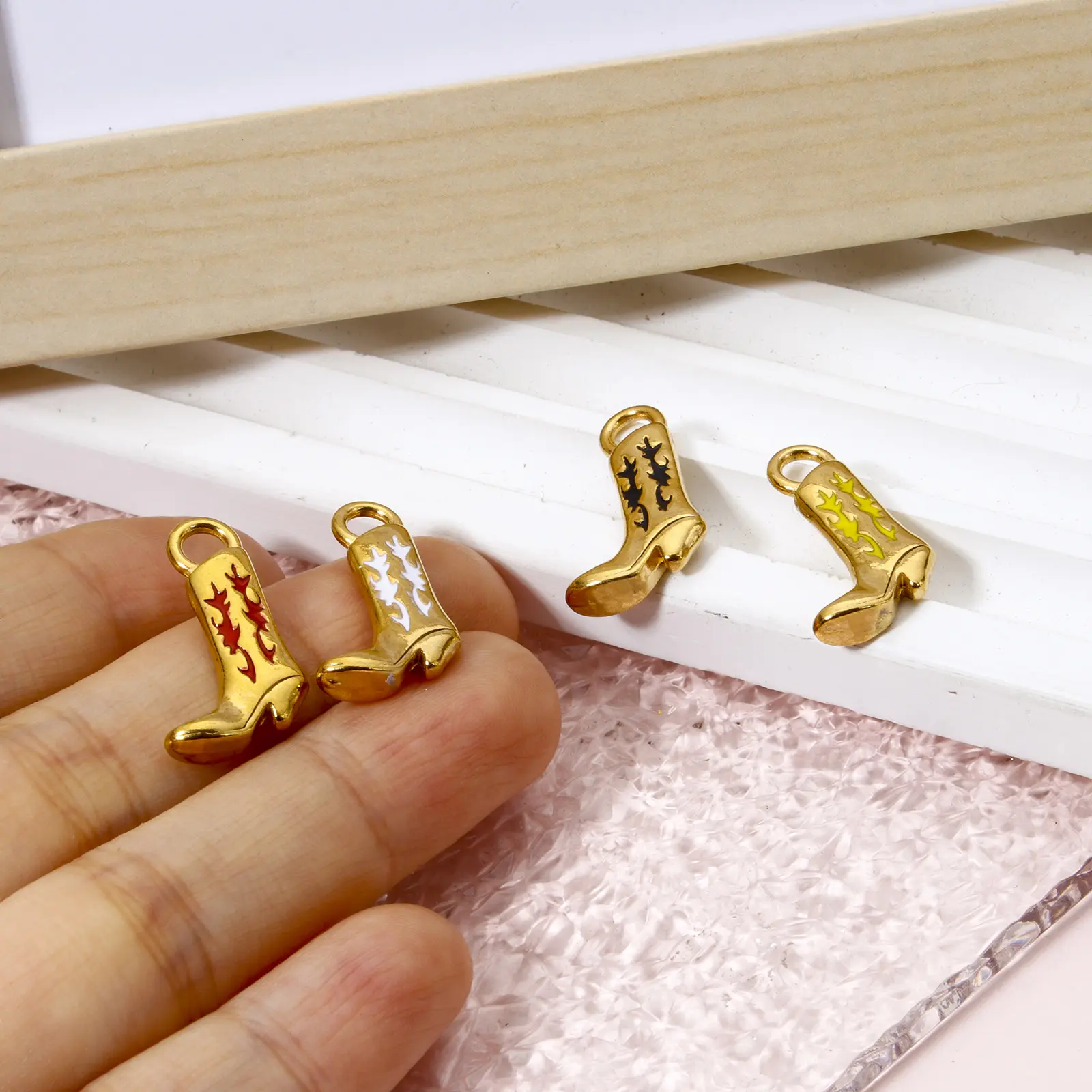 1 Piece 304 Stainless Steel West Cowboy Charms 18K Gold Plated Boots Enamel Pendants For DIY Necklace Jewelry Making 21mm x 13mm
