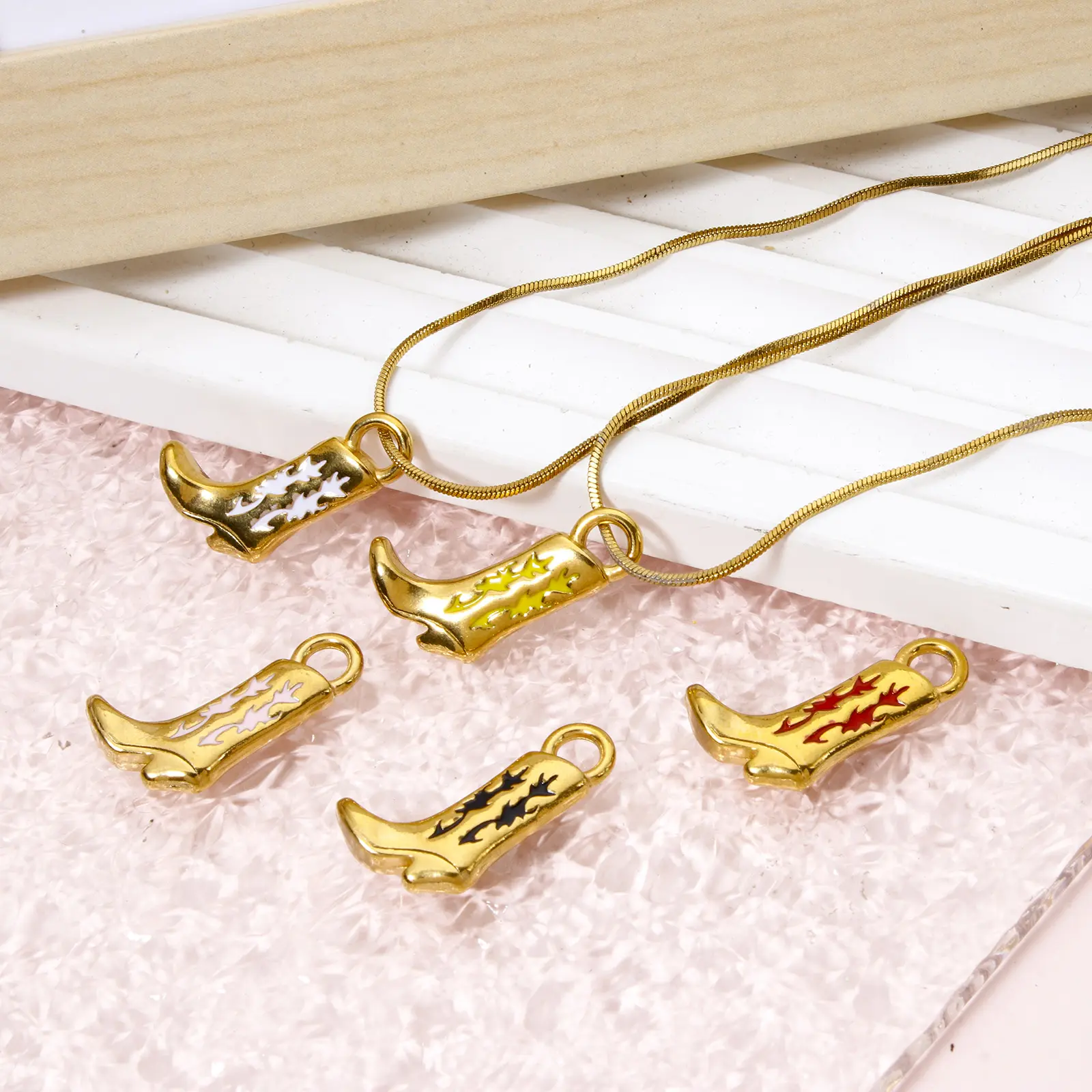 1 Piece 304 Stainless Steel West Cowboy Charms 18K Gold Plated Boots Enamel Pendants For DIY Necklace Jewelry Making 21mm x 13mm