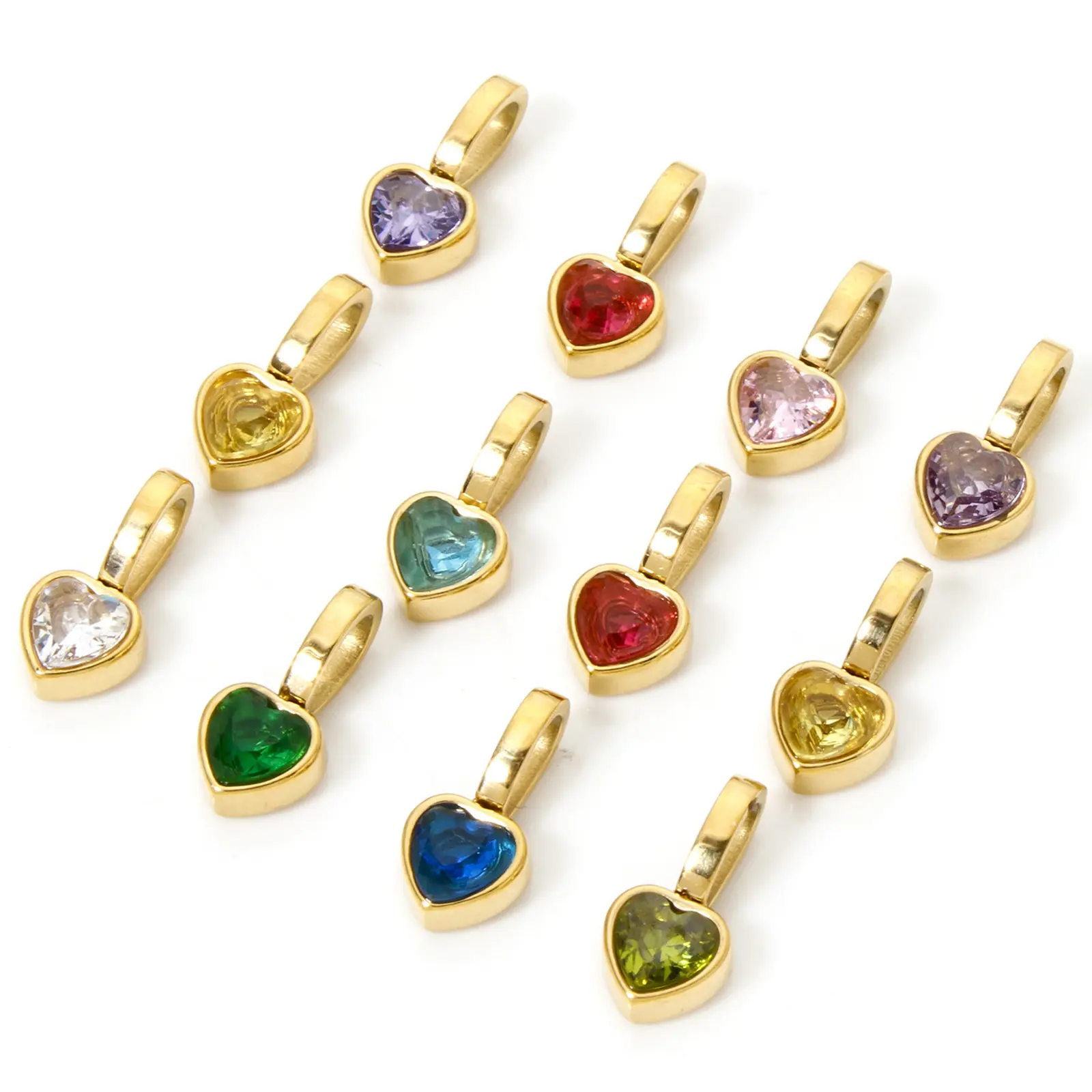 304 Stainless Steel Valentine's Day Charm Pendant 14K Gold Plated Heart Mini Multicolour Cubic Zirconia 11mm x 5.5mm, 1 Piece