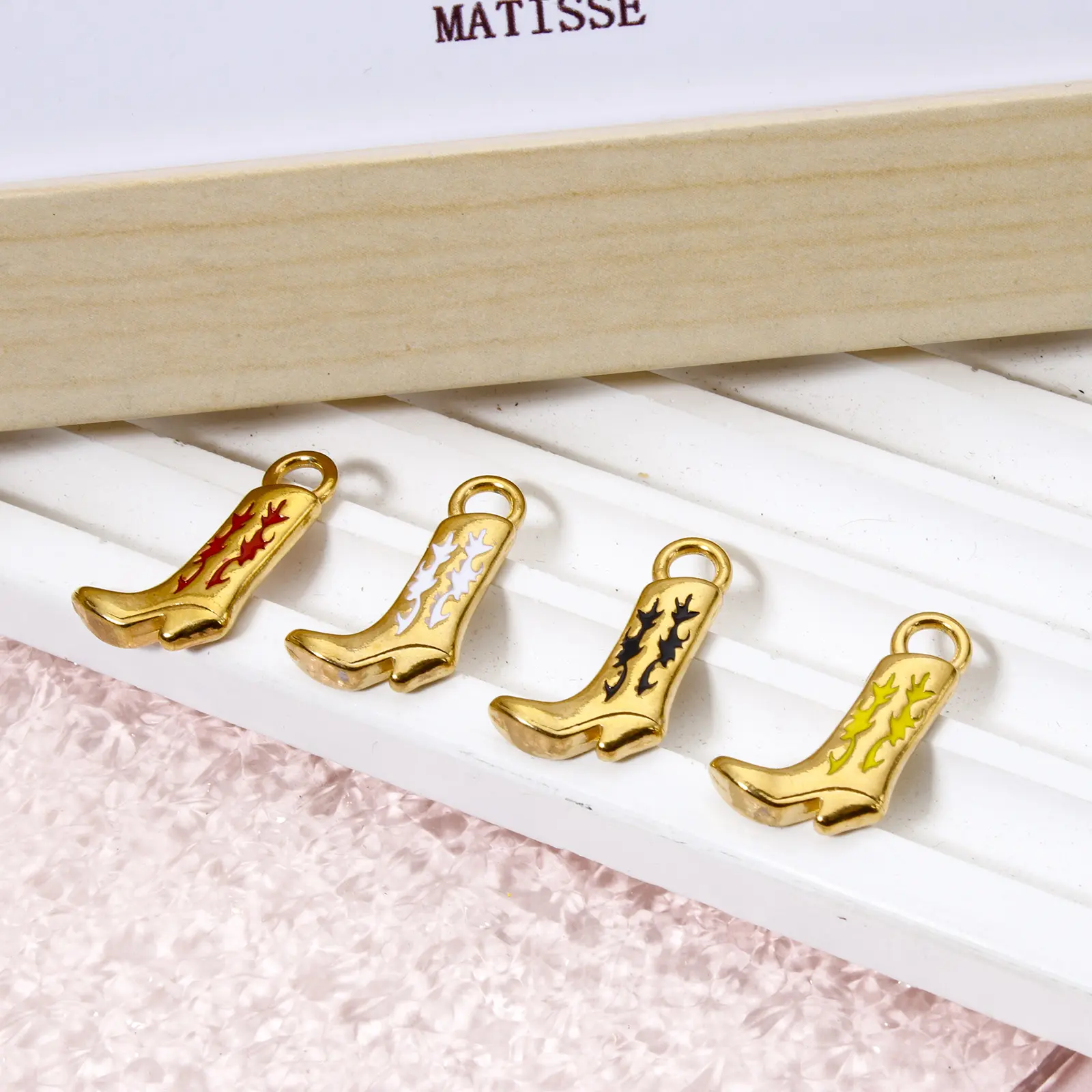 1 Piece 304 Stainless Steel West Cowboy Charms 18K Gold Plated Boots Enamel Pendants For DIY Necklace Jewelry Making 21mm x 13mm