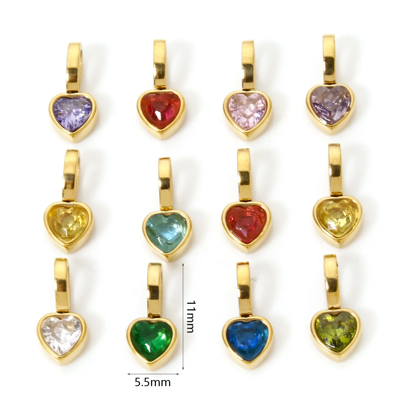 304 Stainless Steel Valentine's Day Charm Pendant 14K Gold Plated Heart Mini Multicolour Cubic Zirconia 11mm x 5.5mm, 1 Piece