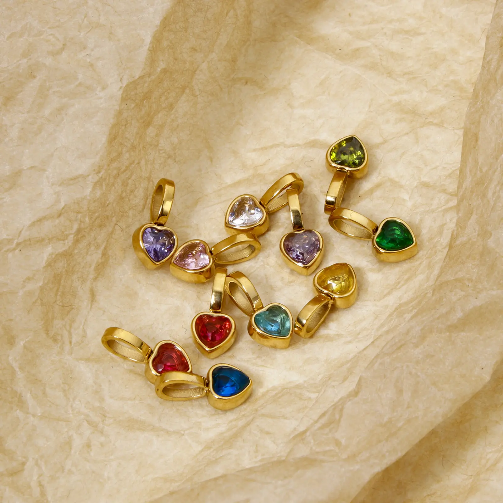 304 Stainless Steel Valentine's Day Charm Pendant 14K Gold Plated Heart Mini Multicolour Cubic Zirconia 11mm x 5.5mm, 1 Piece
