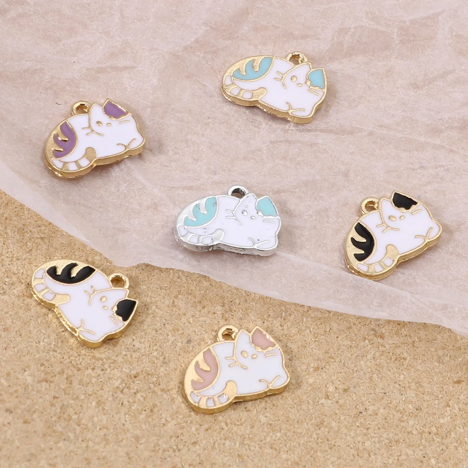 10PCs Cute Sleeping Cat Charms Pendant For Women Necklace Making Zinc Based Alloy Charms Multicolor Animal Enamel Charms Pendant