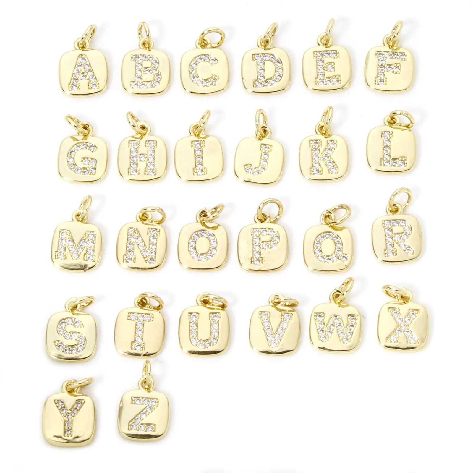 2 PCs Brass Charms 18K Real Gold Plated Square Capital Alphabet Initial Letter Micro Pave Clear Cubic Zirconia 15mm x 9mm