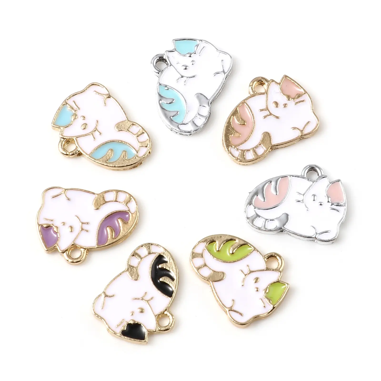 10PCs Cute Sleeping Cat Charms Pendant For Women Necklace Making Zinc Based Alloy Charms Multicolor Animal Enamel Charms Pendant