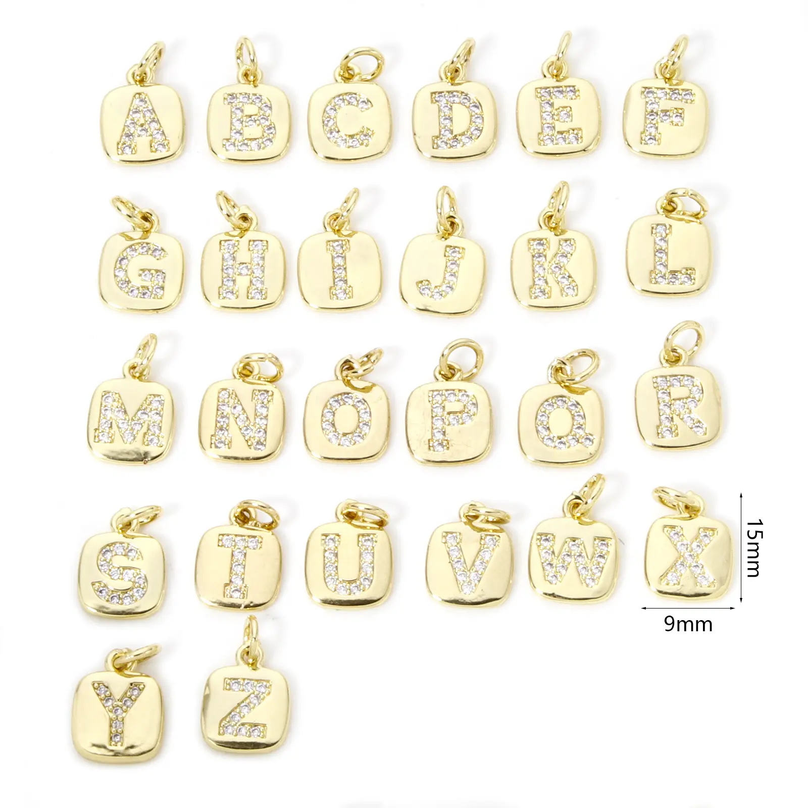 2 PCs Brass Charms 18K Real Gold Plated Square Capital Alphabet Initial Letter Micro Pave Clear Cubic Zirconia 15mm x 9mm