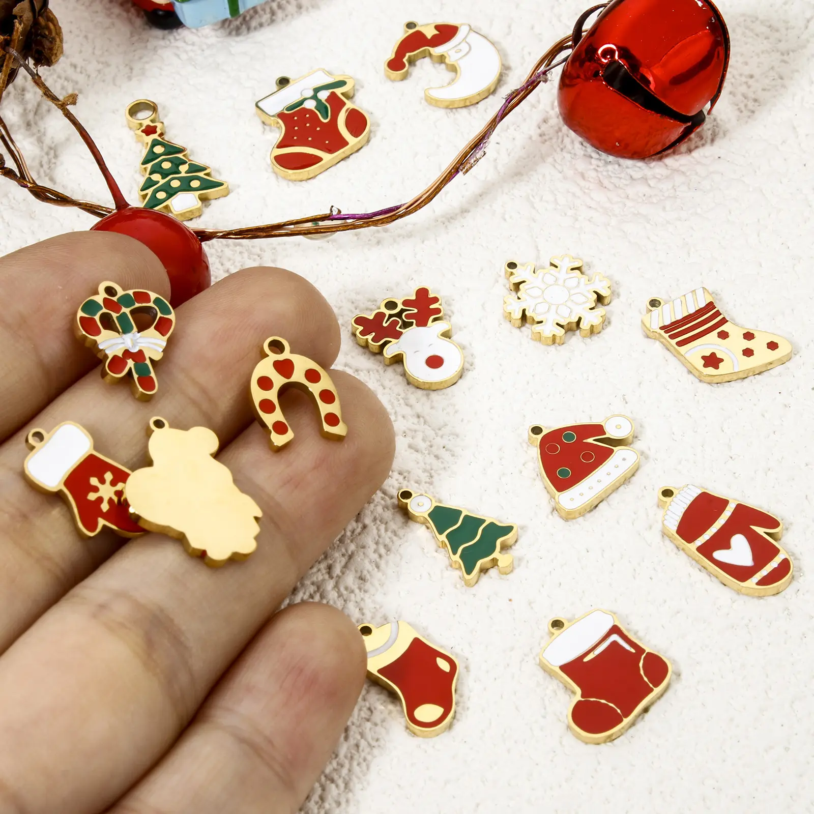 1 Piece 304 Stainless Steel Charms 18K Gold Color Enamel Christmas Stocking Santa Claus Snowflake Pendant For DIY Jewelry Making