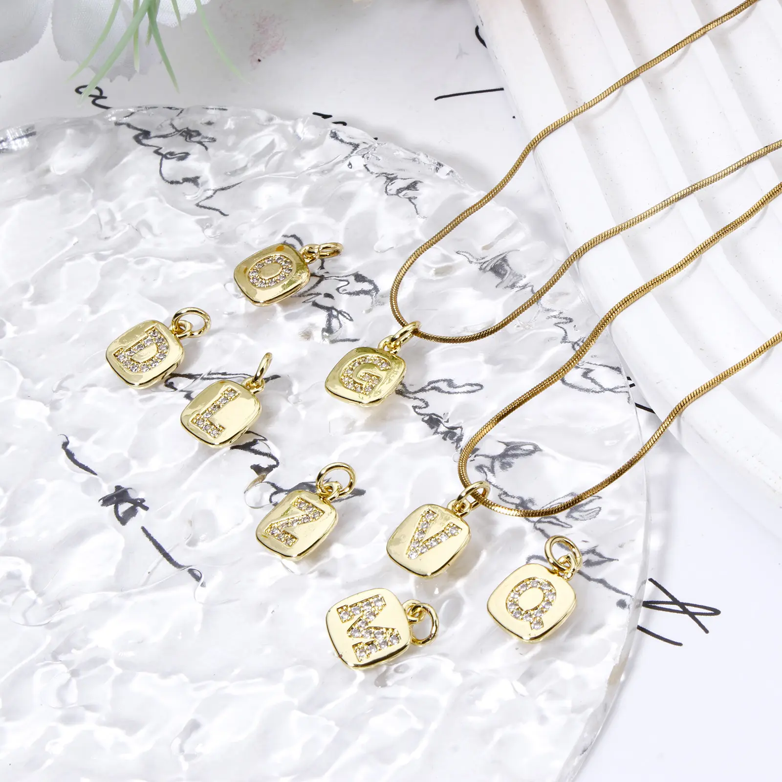 2 PCs Brass Charms 18K Real Gold Plated Square Capital Alphabet Initial Letter Micro Pave Clear Cubic Zirconia 15mm x 9mm