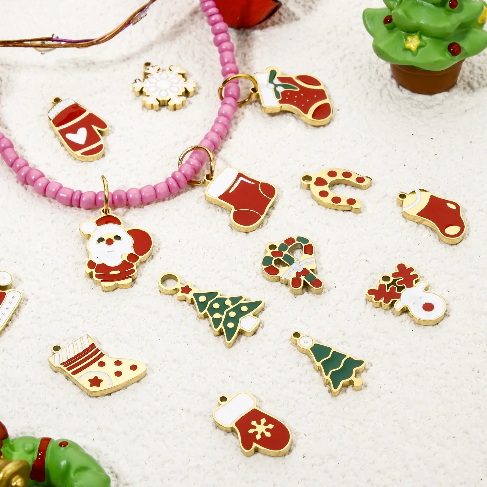 1 Piece 304 Stainless Steel Charms 18K Gold Color Enamel Christmas Stocking Santa Claus Snowflake Pendant For DIY Jewelry Making