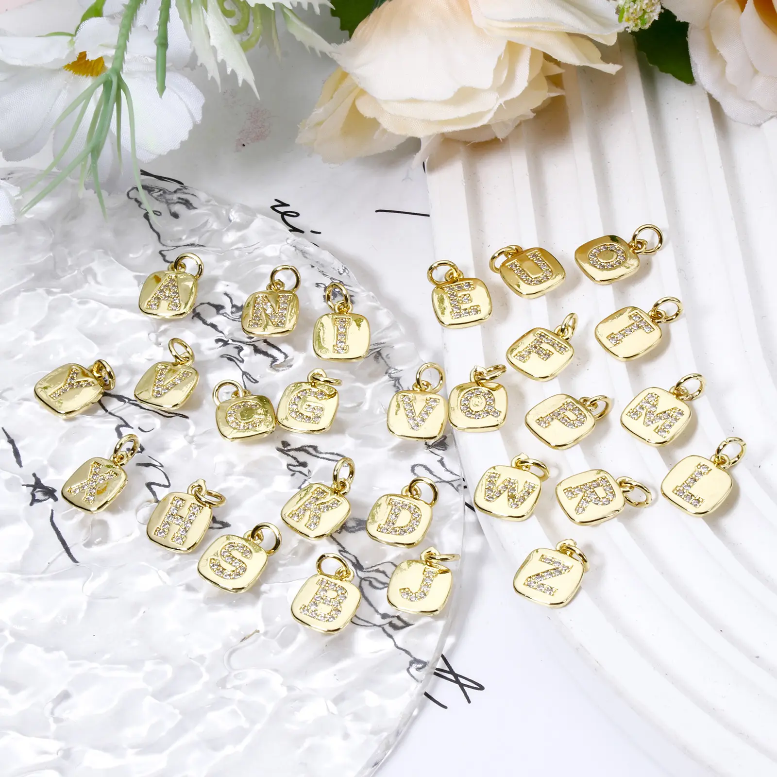 2 PCs Brass Charms 18K Real Gold Plated Square Capital Alphabet Initial Letter Micro Pave Clear Cubic Zirconia 15mm x 9mm