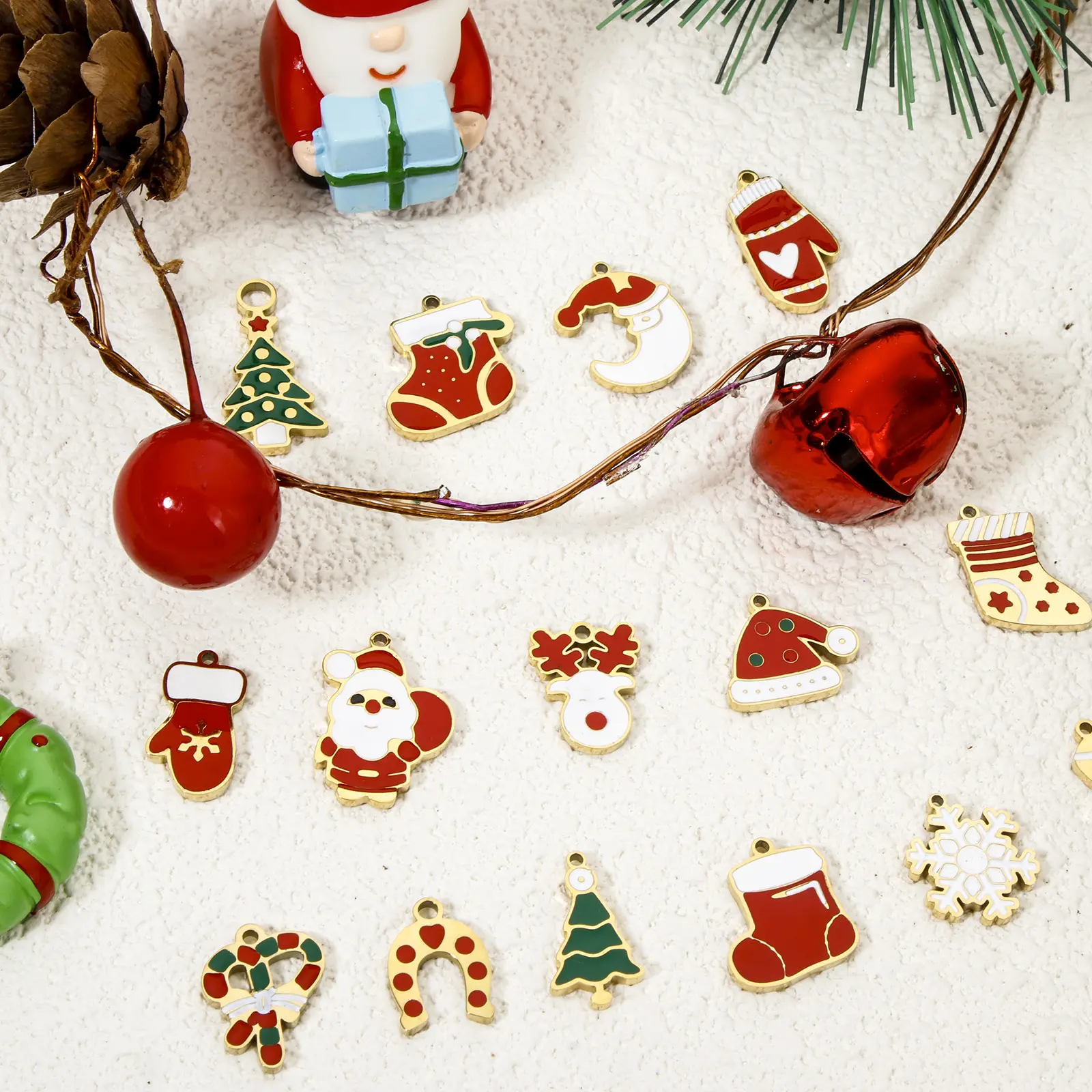 1 Piece 304 Stainless Steel Charms 18K Gold Color Enamel Christmas Stocking Santa Claus Snowflake Pendant For DIY Jewelry Making