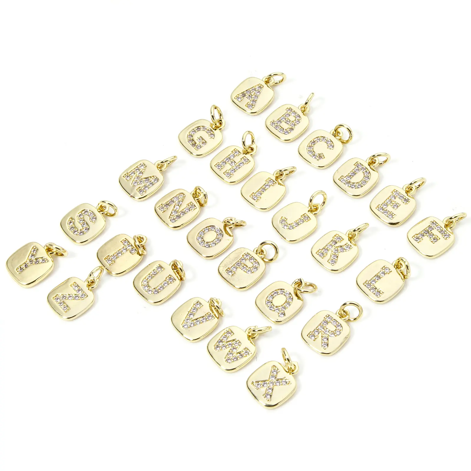 2 PCs Brass Charms 18K Real Gold Plated Square Capital Alphabet Initial Letter Micro Pave Clear Cubic Zirconia 15mm x 9mm