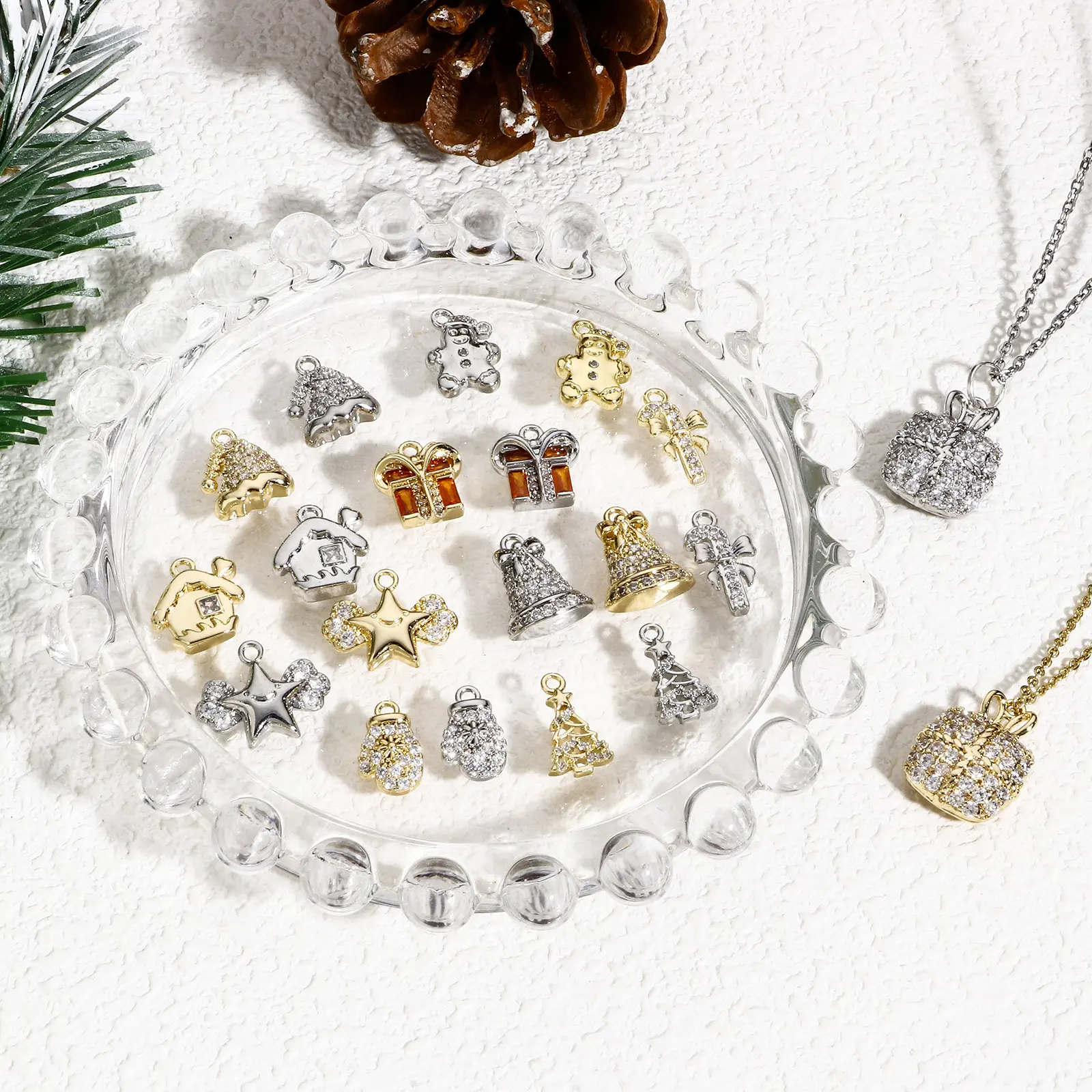 1 Piece Copper Christmas Charms Gold Color Clear Cubic Zirconia Metal Pendants For DIY Making Necklace Earrings Jewelry Finding