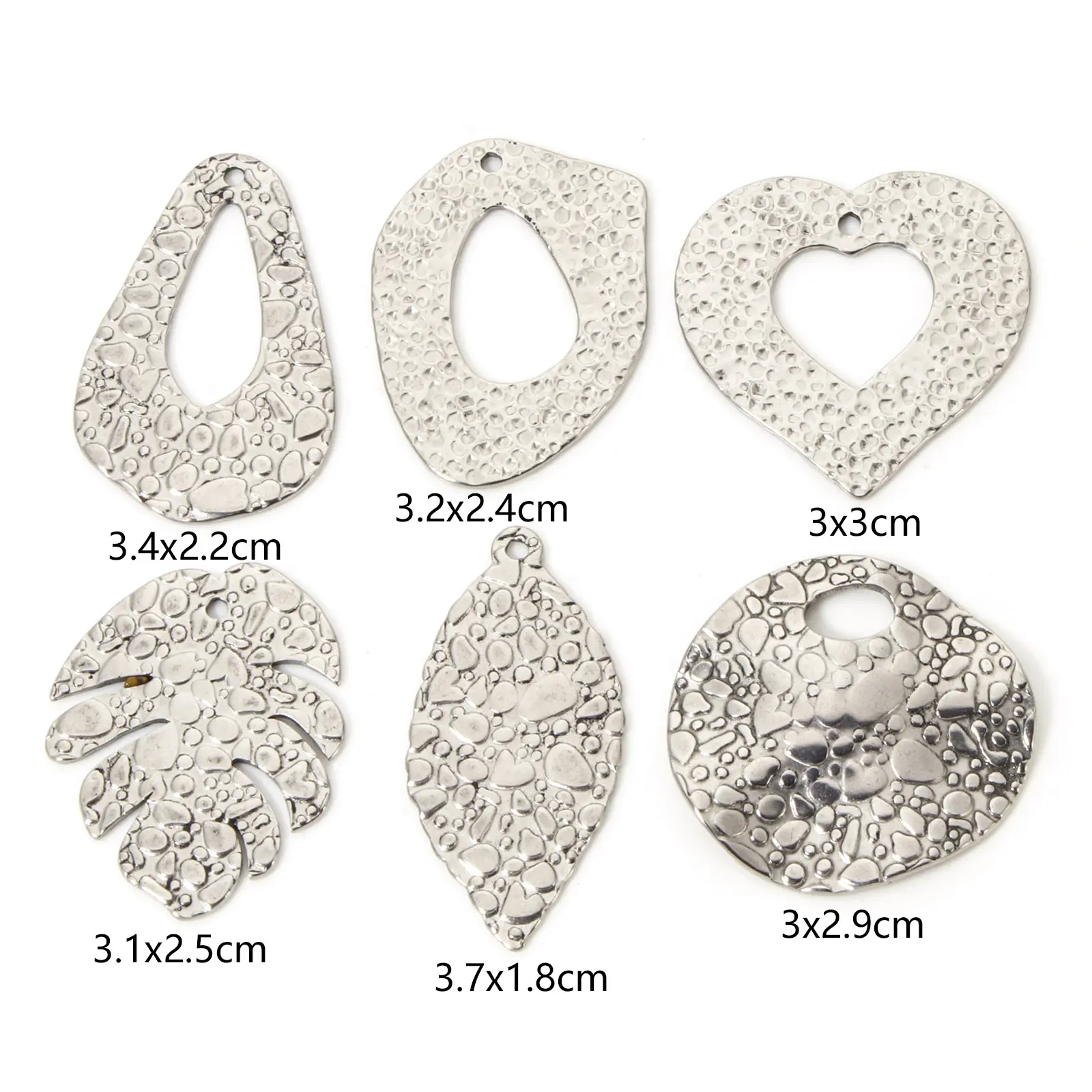 2 PCs 304 Stainless Steel Pendants Silver Color Geometric Texture Leaf Heart Charms For DIY Necklace Jewelry Making