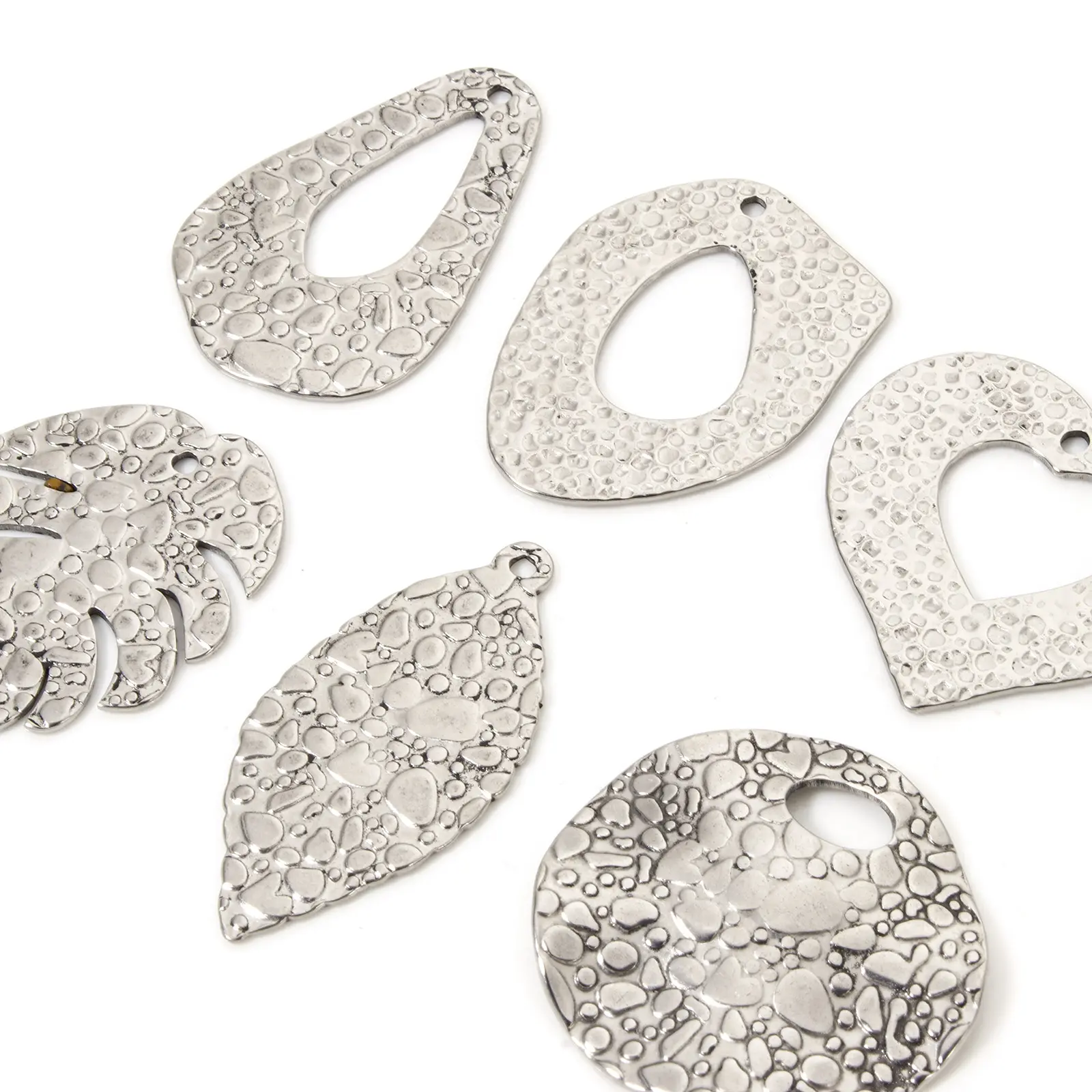 2 PCs 304 Stainless Steel Pendants Silver Color Geometric Texture Leaf Heart Charms For DIY Necklace Jewelry Making