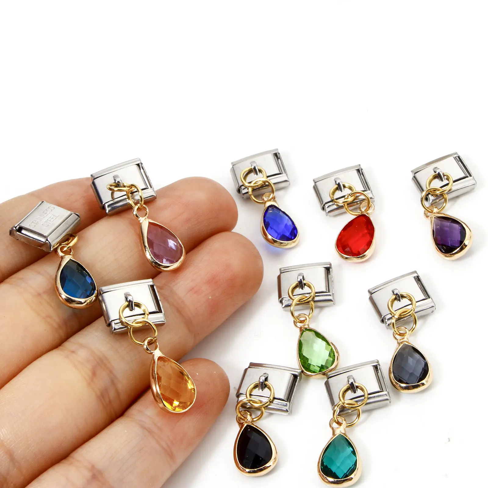 1 Piece Stainless Steel & Brass Italian Charm Links Fit 9mm For DIY Bracelet Jewelry Making Rectangle Birthstone 10mm x 9mm