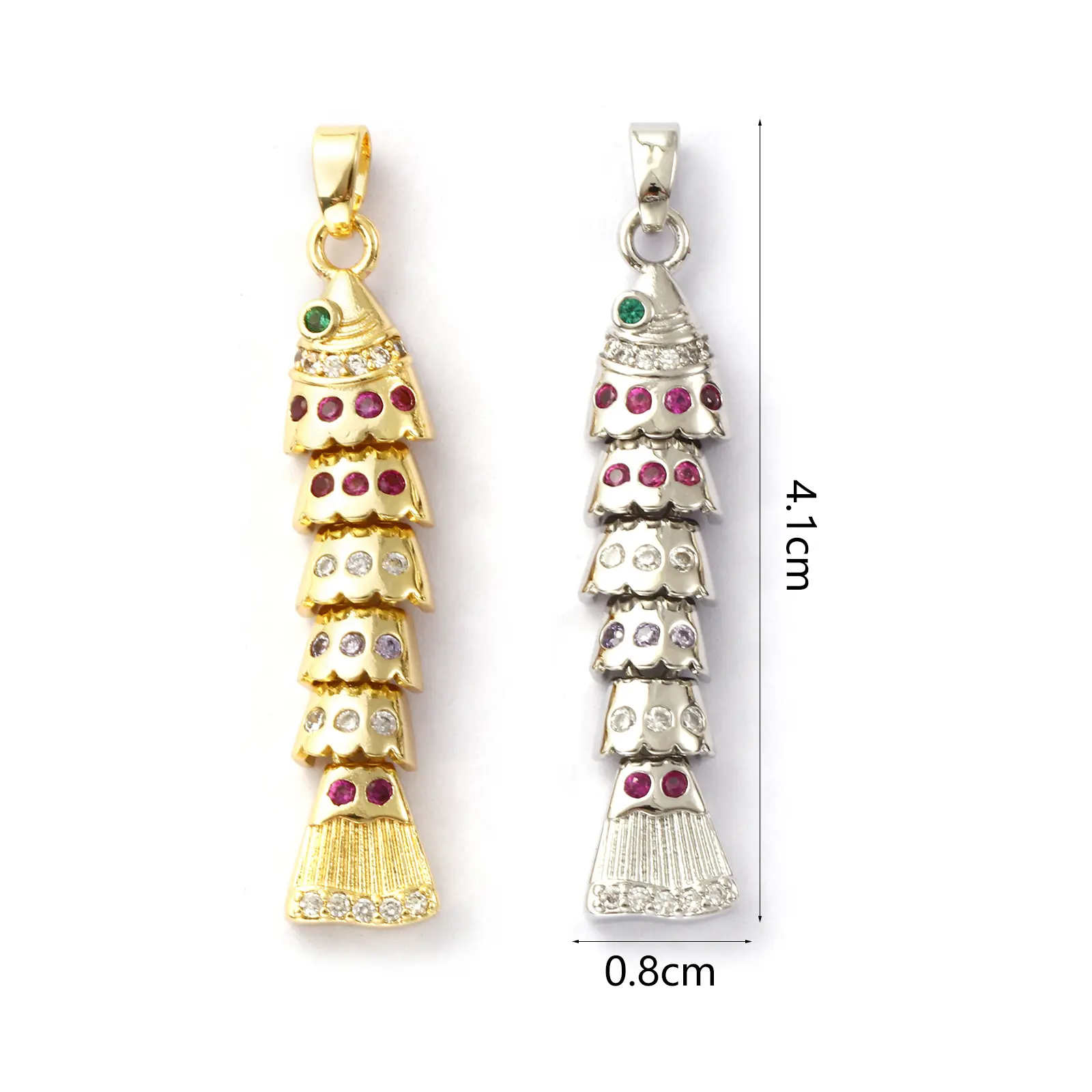 1 Piece Brass Ocean Jewelry Pendants Multicolor Fish Animal Movable Cubic Zirconia Charms For DIY Necklace Making 4.1cm x 0.8cm