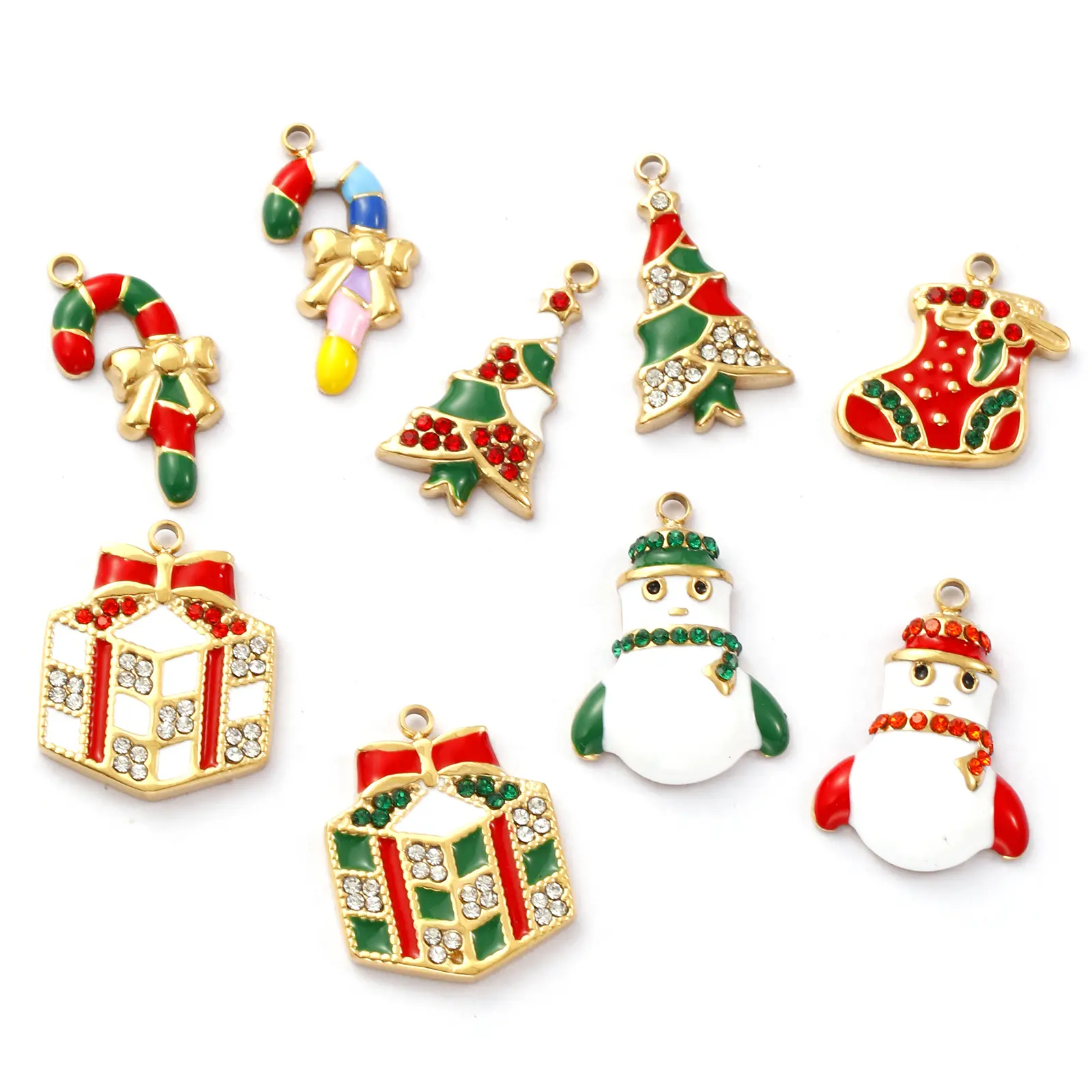 1 Piece 304 Stainless Steel Christmas Charms 18K Gold Plated Enamel Snowman Candy Cane Tree Pendant For Necklace Earrings Making