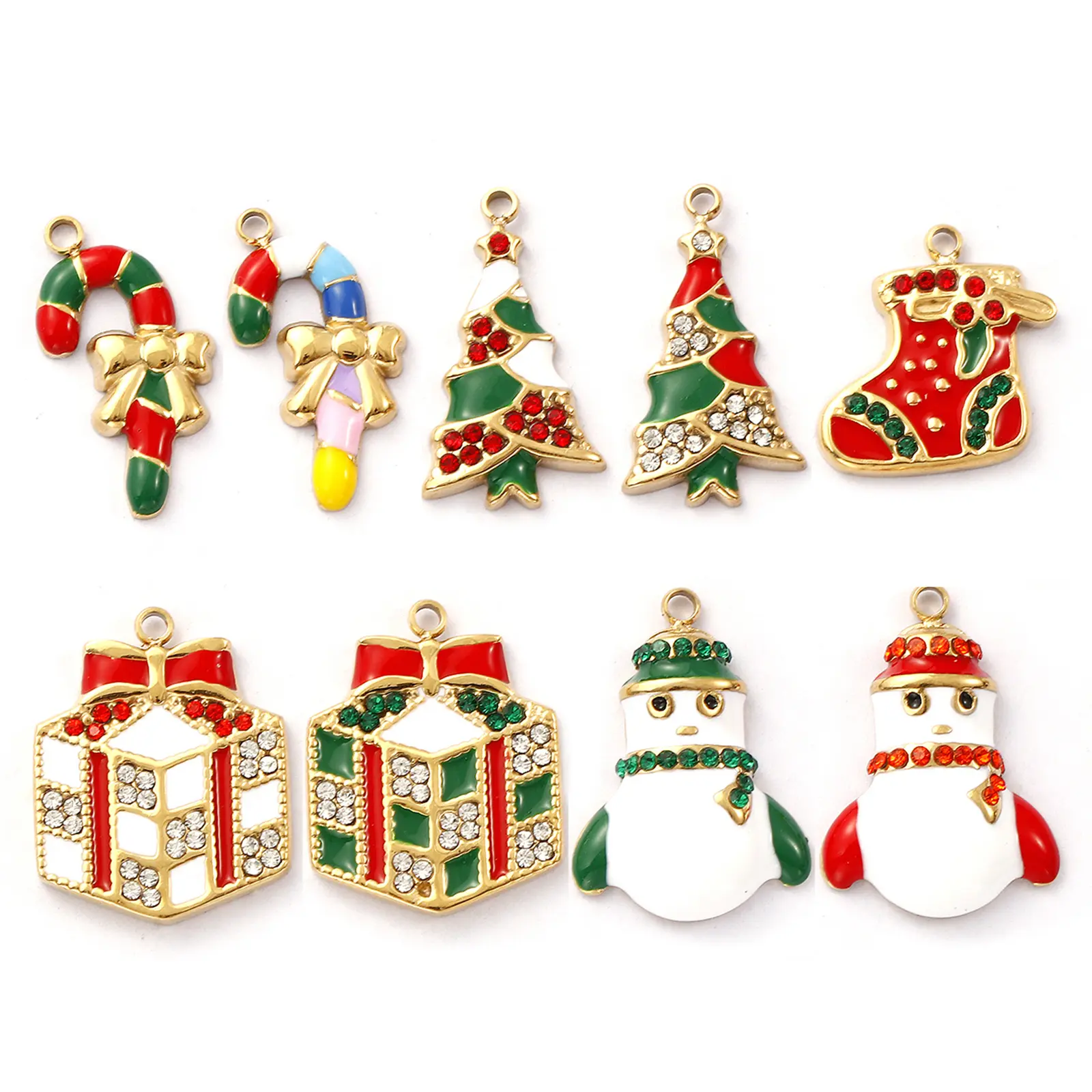 1 Piece 304 Stainless Steel Christmas Charms 18K Gold Plated Enamel Snowman Candy Cane Tree Pendant For Necklace Earrings Making