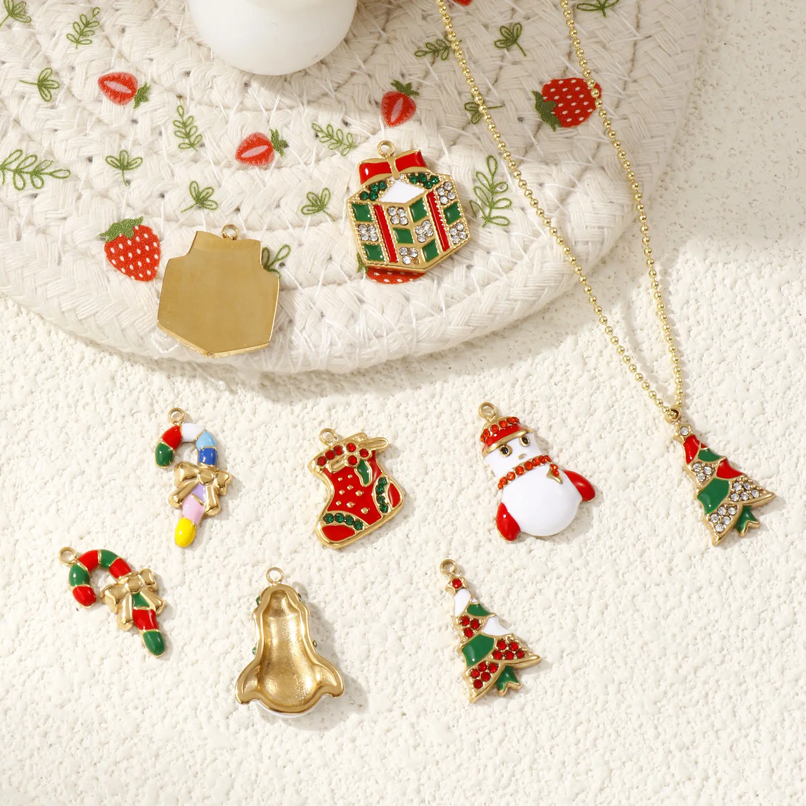 1 Piece 304 Stainless Steel Christmas Charms 18K Gold Plated Enamel Snowman Candy Cane Tree Pendant For Necklace Earrings Making