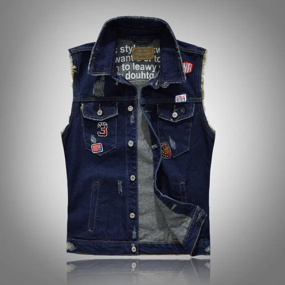 Men Ripped Denim Waistcoats Vests Jackets Light Blue Holes Denim Coats Vests New Fashion Male Cotton Slim Jeans Waistcoats 5XL