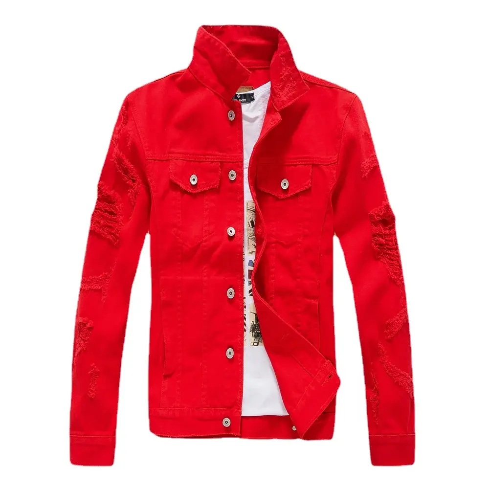 Men White Denim Jackets Holes Jeans Coats New Spring Autumn Solid Denim Coats Male Cotton Casual Fit Jeans Jackets Size 4XL