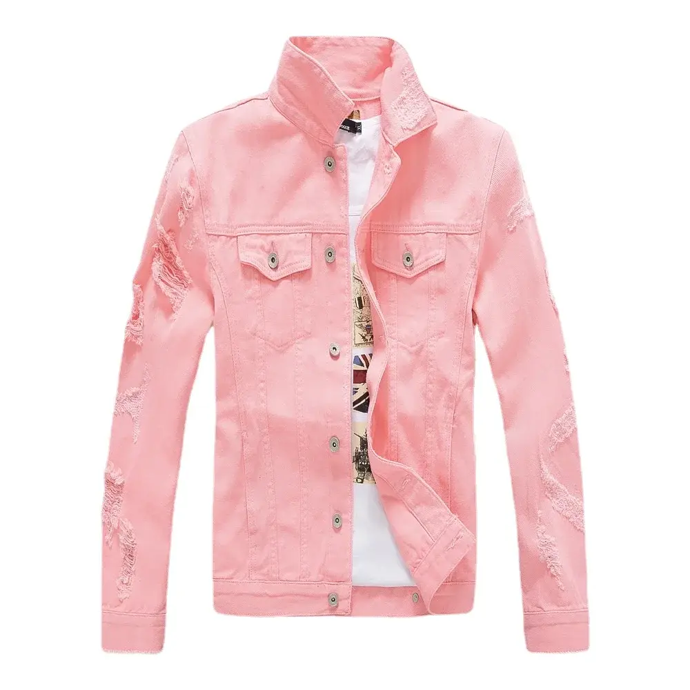 Men White Denim Jackets Holes Jeans Coats New Spring Autumn Solid Denim Coats Male Cotton Casual Fit Jeans Jackets Size 4XL