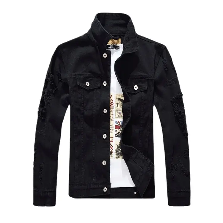 Men White Denim Jackets Holes Jeans Coats New Spring Autumn Solid Denim Coats Male Cotton Casual Fit Jeans Jackets Size 4XL