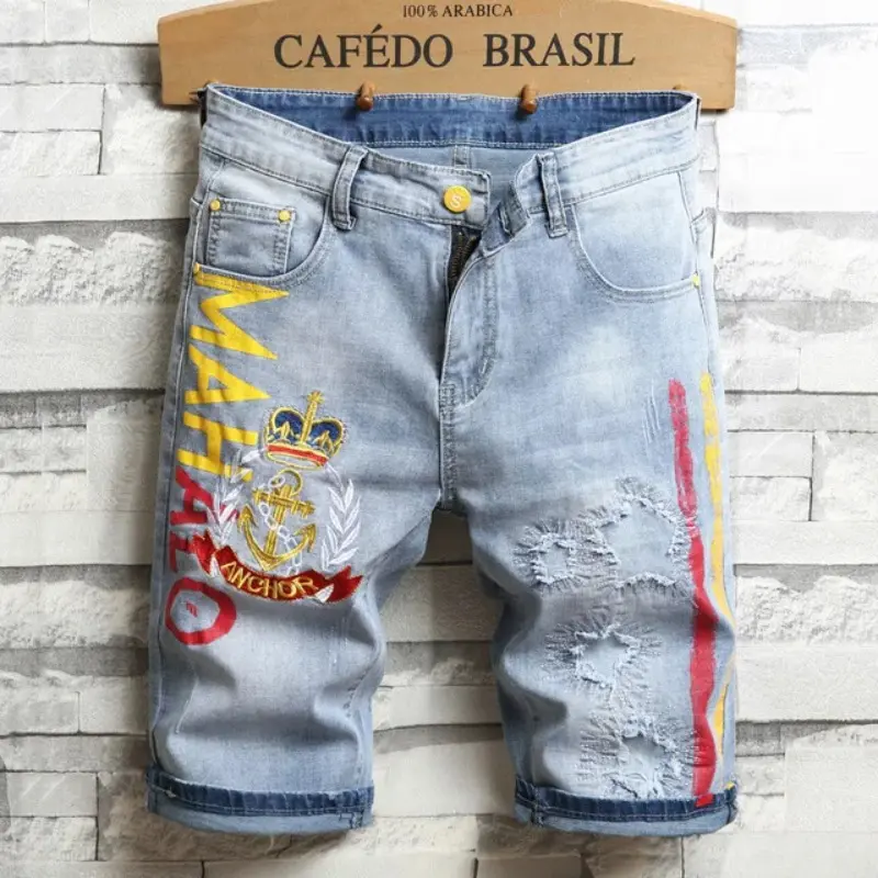 Men Light Blue Jeans Shorts Good Quality Men Holes Denim Shorts New Summer Men Slim Fit Casual Jeans Thin Knee Length Jeans 38