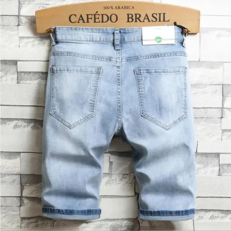 Men Light Blue Jeans Shorts Good Quality Men Holes Denim Shorts New Summer Men Slim Fit Casual Jeans Thin Knee Length Jeans 38